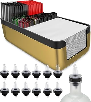 Esatto Professional Bar Products Premium Bar Caddy Gold, Used to Easily Organize Bar Items and Workspace, With Additional 12 Pourers For Precision Pouring and 12 Pourer Covers