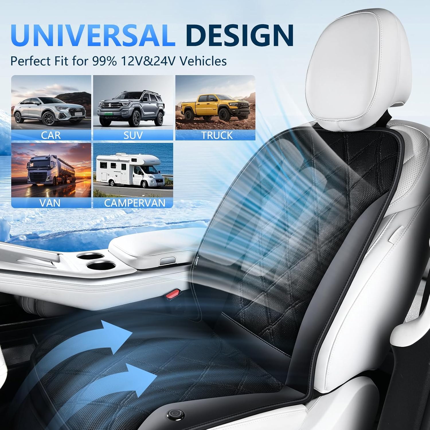 FLORICH Cooling Car Seat Cover 12V-24V Ventilated Cooling Car Seat Cushion with 3-Speed Adjustable Breathable Mesh & Leather Cooling Seat Pad Universal Fit Car SUV Truck Van for Summer Driving, Black