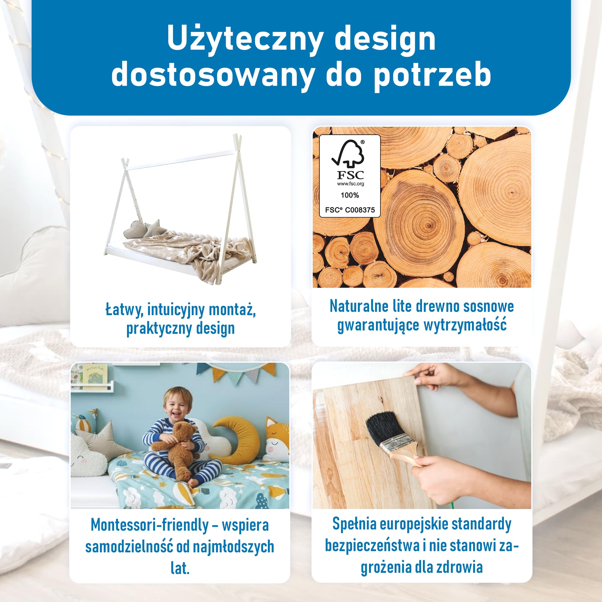 Łóżko dziecięce, młodzieżowe Tipi 90x200 cm w kształcie namiotu | Drewno sosnowe | Montessori | Dla chłopców i dziewczynek | do zabawy, czytania i przytulania - Białe
