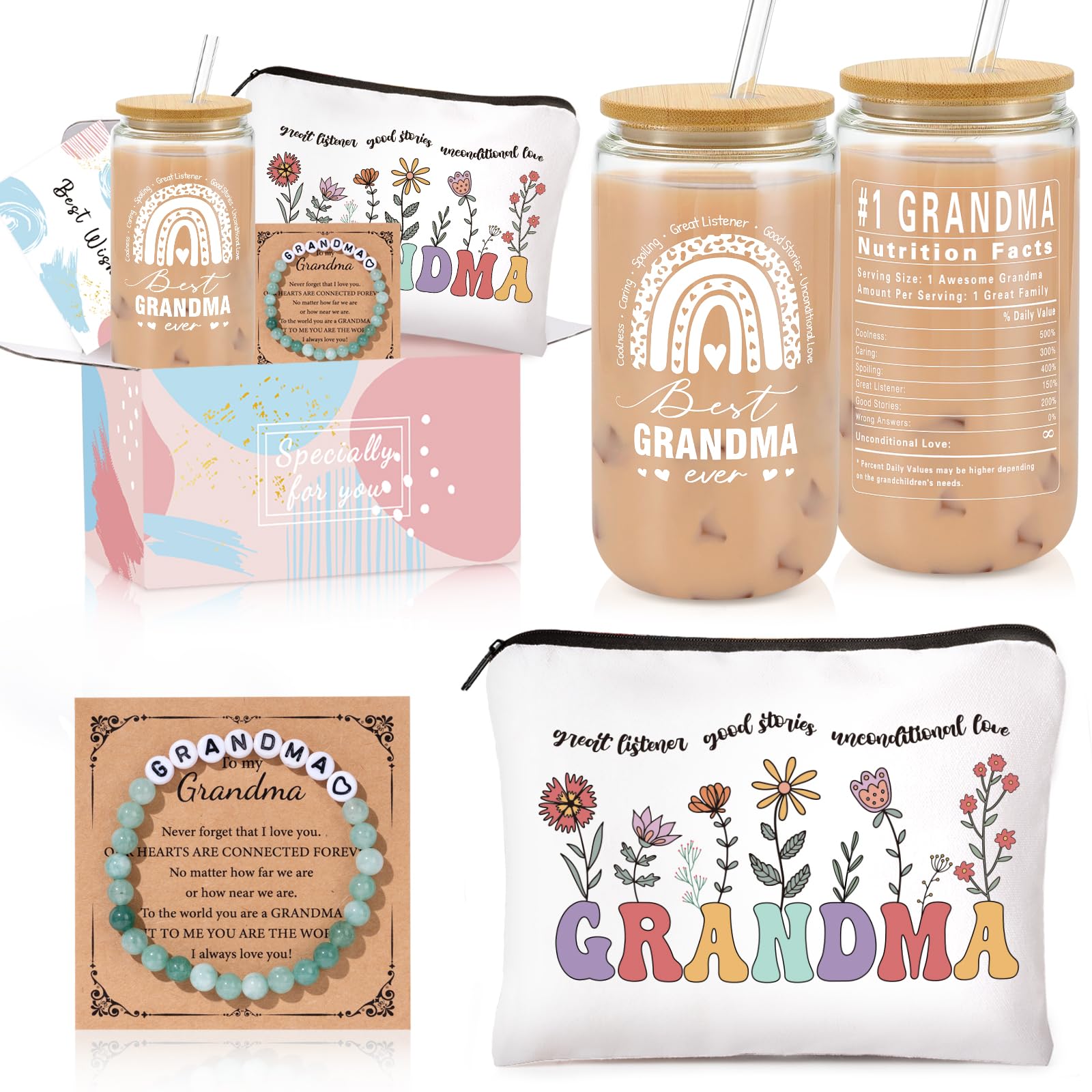 Gifts for Grandma, Unique Birthday Gifts for Grandma, Christmas Thanksgiving Ideas Present for Grandmother Basket, Thank You Basket with 16 Oz Glass Cup, Makeup Bag