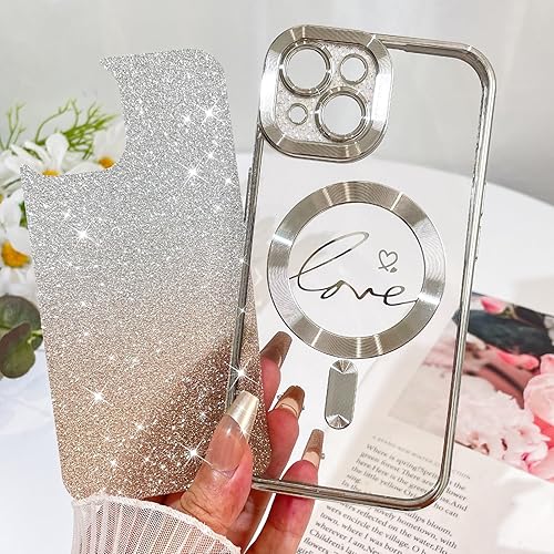 Vista 409 de Fiyart - Funda transparente magnética con purpurina para iPhone 12 para mujeres, con grabado "Love" metálico, protección para cámara y antigolpes