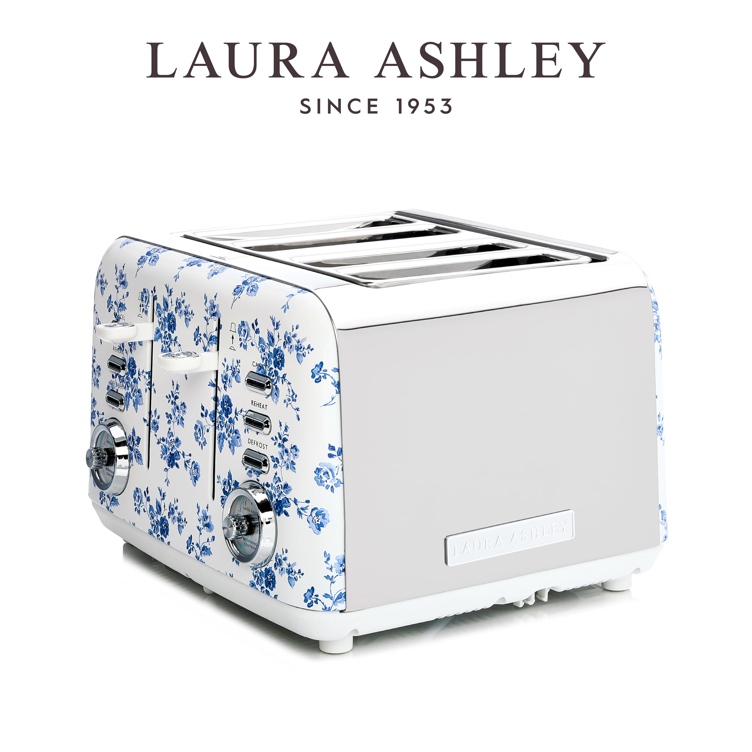 VQ Laura Ashley Grille-Pains 4 Tranches avec Modes de Chauffage, Décongélation et Réchauffage Réglables - Inox Grille Pain Vintage avec un Support de Réchauffage Pour Croissants - China Rose | Avec modes de chauffage, de décongélation et de réchauffement