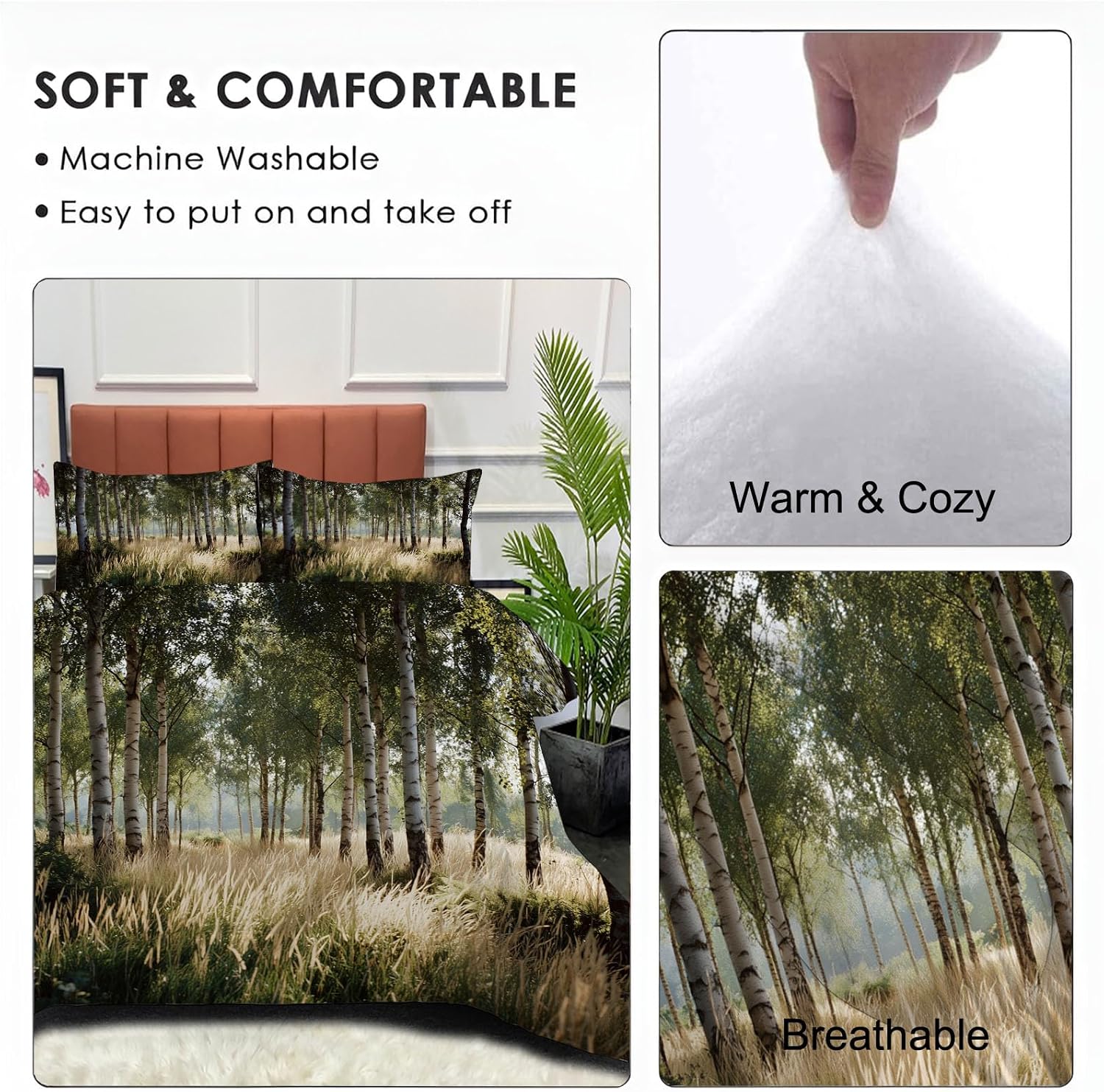 Natural Forest Scenery Comforter Set King Size, Birch Trees in The Fields Bedding Set for Girls Boys, Yellow-Green Quilt Bed 104"X90" Bedding Comforter Sets with 2 Pillowcase Room Decor