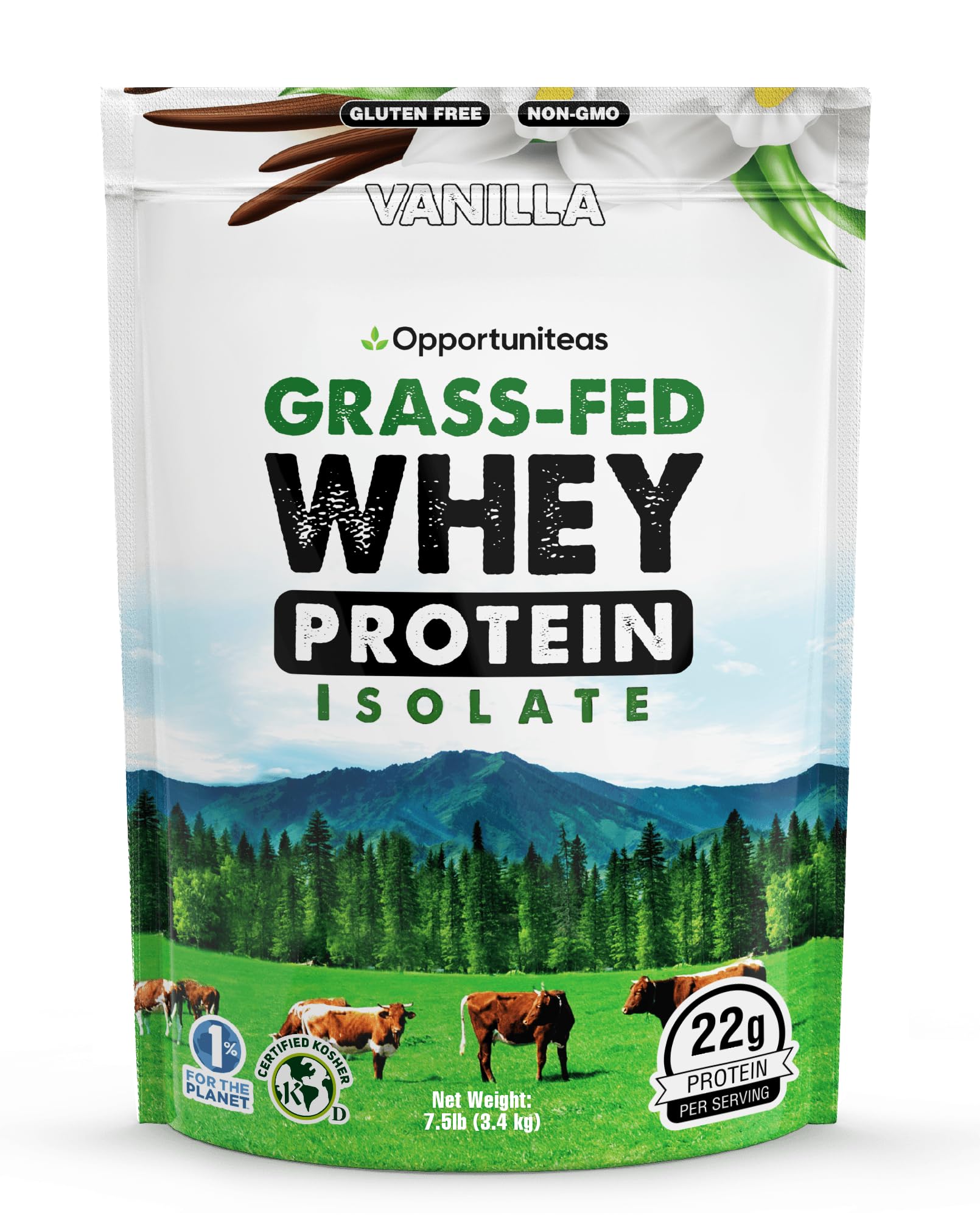Opportuniteas Grass Fed Vanilla Whey Isolate Protein Powder – 22g Protein, Heavy-Metal Tested, Organic Cane Sugar & Organic Vanilla Flavor, Non-GMO, Hormone-Fre