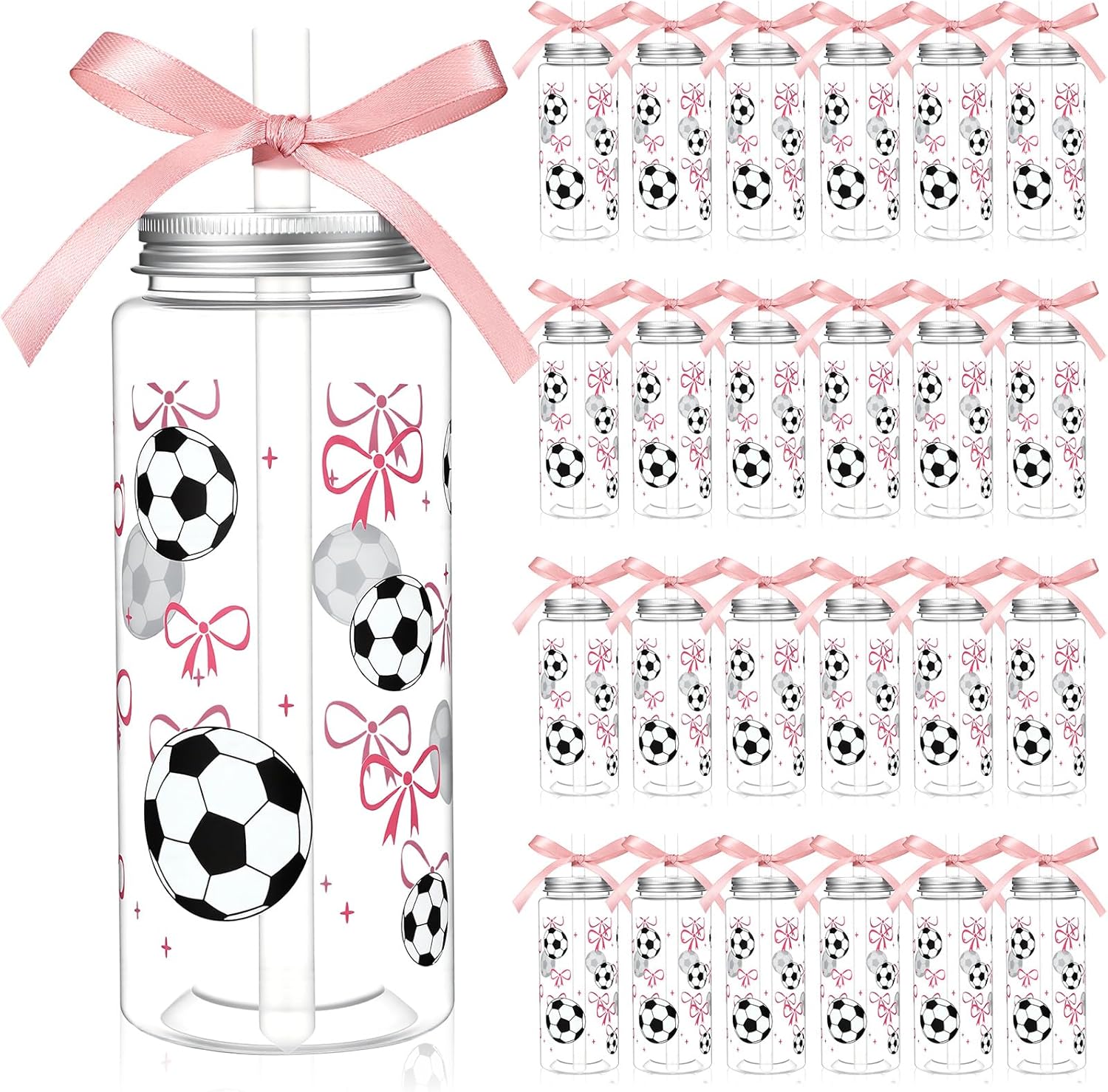 24 Pcs Softball Plastic Cups with Lids, Straws, and Pink Ribbon, 13.5 oz Pink Bow Sports Theme Party Clear Drinking Cups Reusable Tumblers for Birthday Sports Party Team Gifts