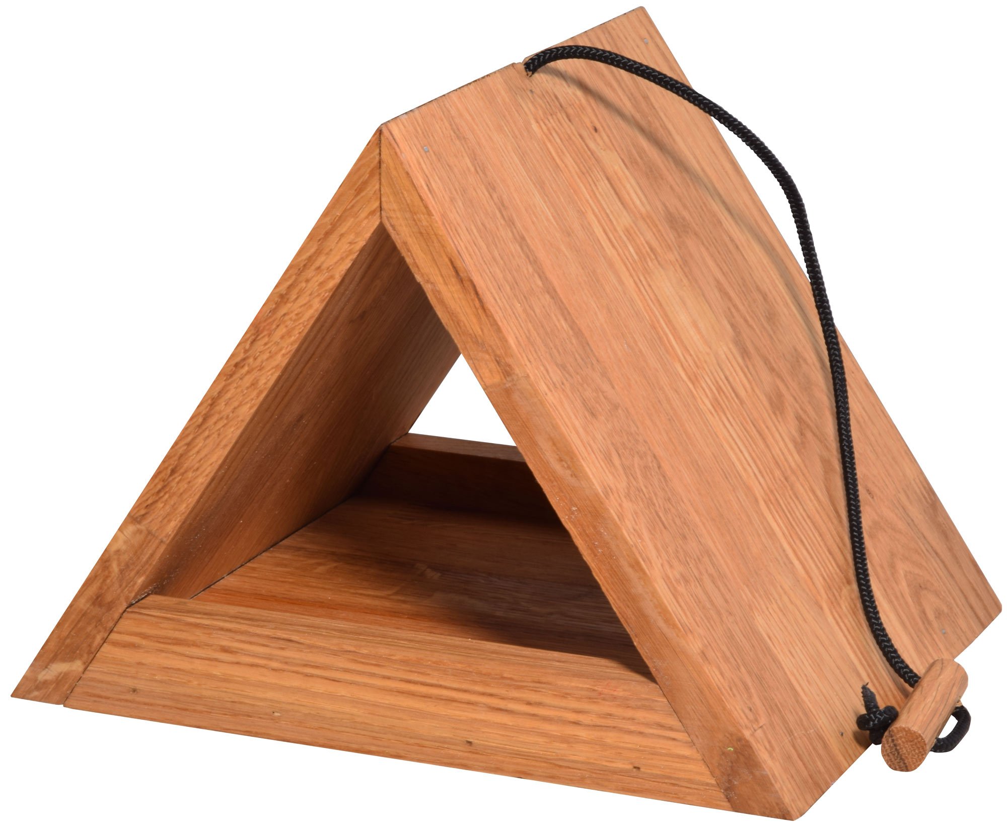 LUXUS-VOGELHAUS 46620e Design Vogelfutterhaus hängend - Vogelhaus Eichenholz Massiv - Futterstation zum Hängen - Dreieckiges Vogelhäuschen mit Futtertablet - 26,5 x 19 x 19 cm - Natur