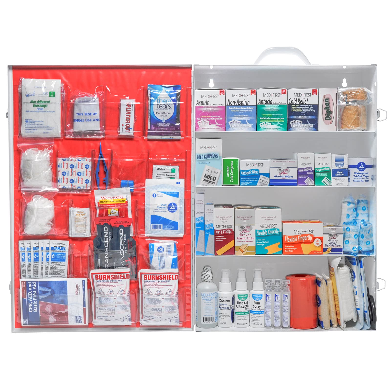 MFASCO Commercial Wall Mount 4 Shelf First Aid Kit - OSHA & ANSI Compliant, Refillable Metal First Aid Cabinet for Businesses, Large First Aid Kit Box for Office and Shop - No Label or Company Logo