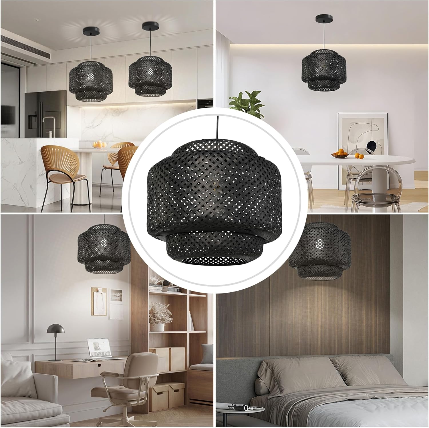 Flush Mount Ceiling Light with Plug in Adjustable Bulb Cord Bamboo Lamp Shade for Kitchen Island Bedroom Hallway Entryway Farmhouse Living Room, 2 Pack