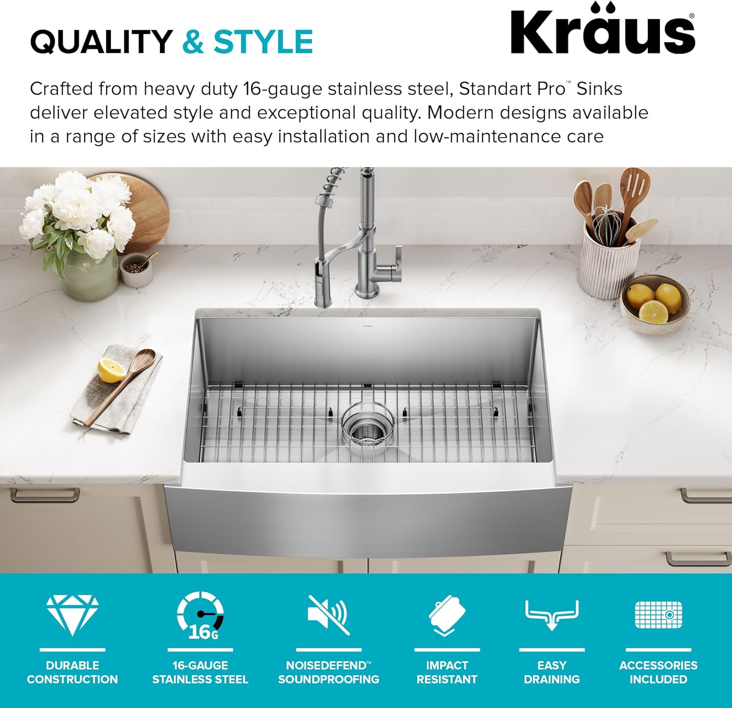 Kraus KHF200-33 Standart PRO Stainless Steel Sink 33 inch Farmhouse Apron Single Bowl 16 gauge