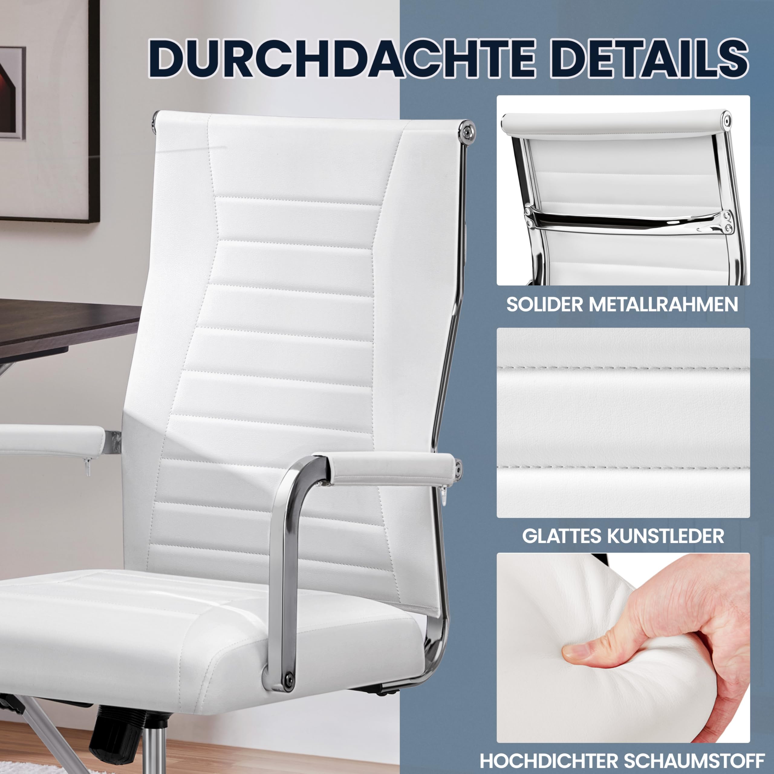 Yaheetech Bürostuhl ergonomischer Schreibtischstuhl mit Armlehnen, Chefsessel Computerstuhl hoher Rückenlehne, Arbeitsstuhl mit Wippfunktion bis 136 kg Belastbar Weiß