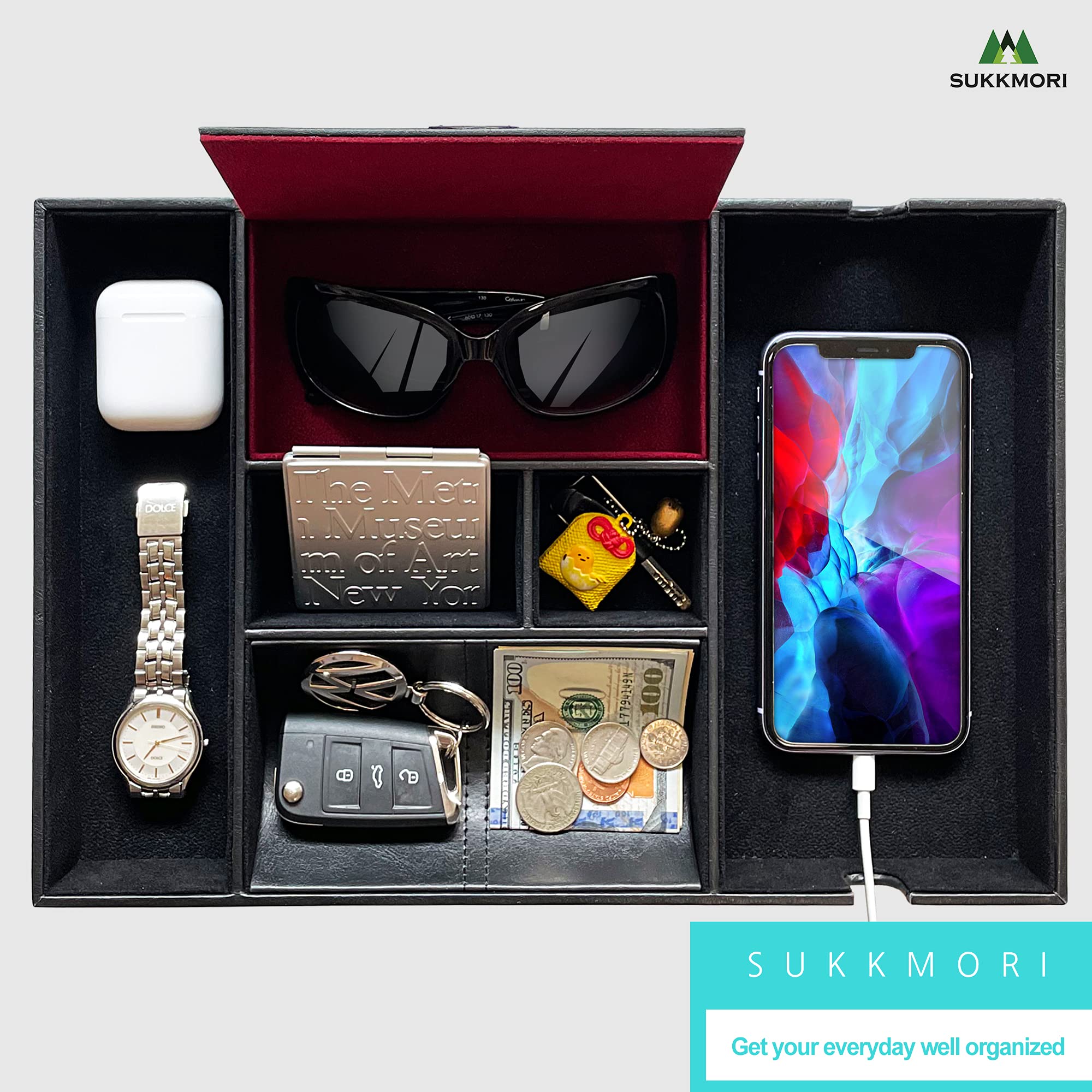SUKKMORI Valet Tray for Men and Women - PU Leather Nightstand Organizer with 6 Compartments, Desk Catchall Tray for EDC, Keys