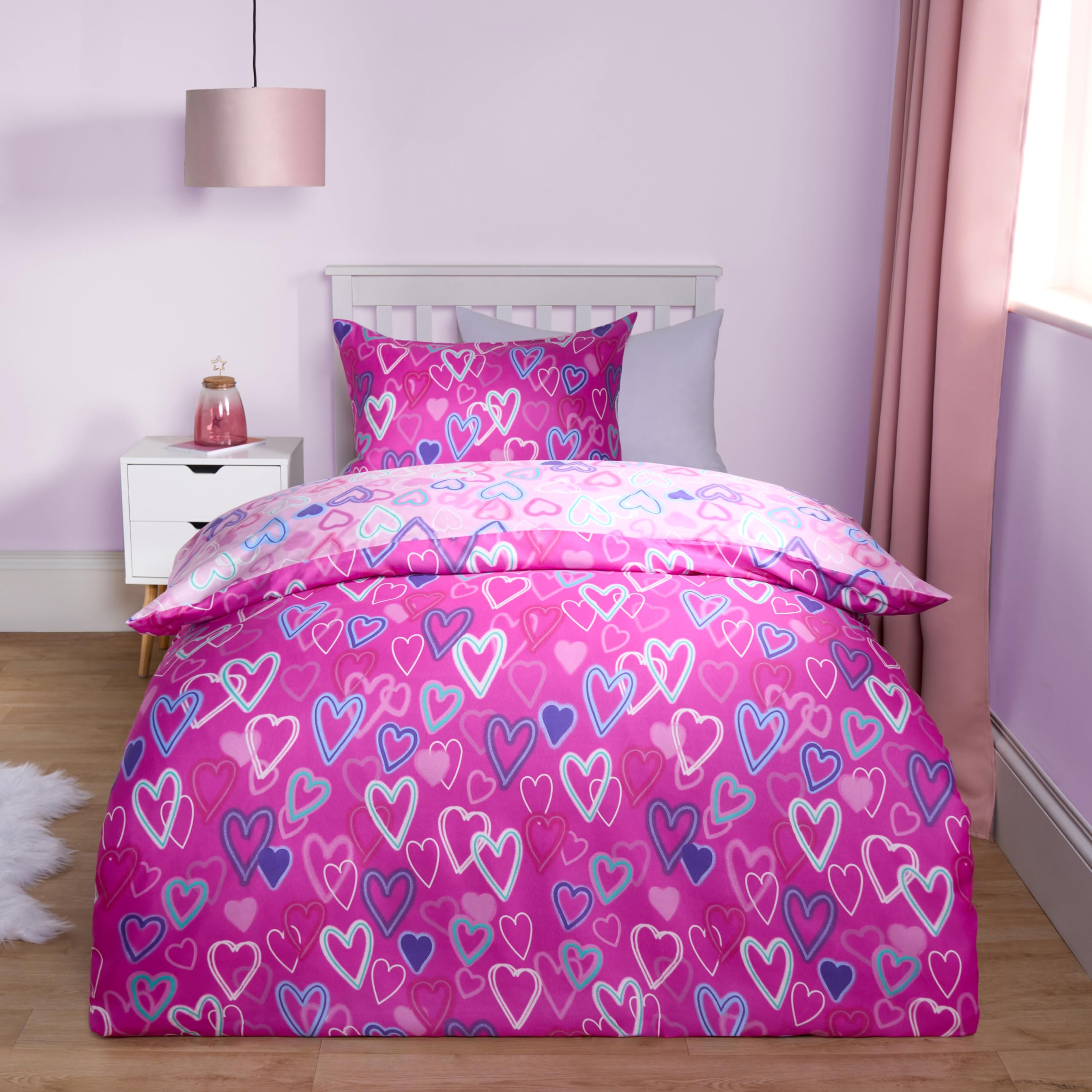 Ohs Women's Pink Hearts Duvet Double, Microfibre Soft Valentines Day Quilt Covers Double Bed Set With Pillowcases Bedding Covers Luxury Super Soft Comfy,