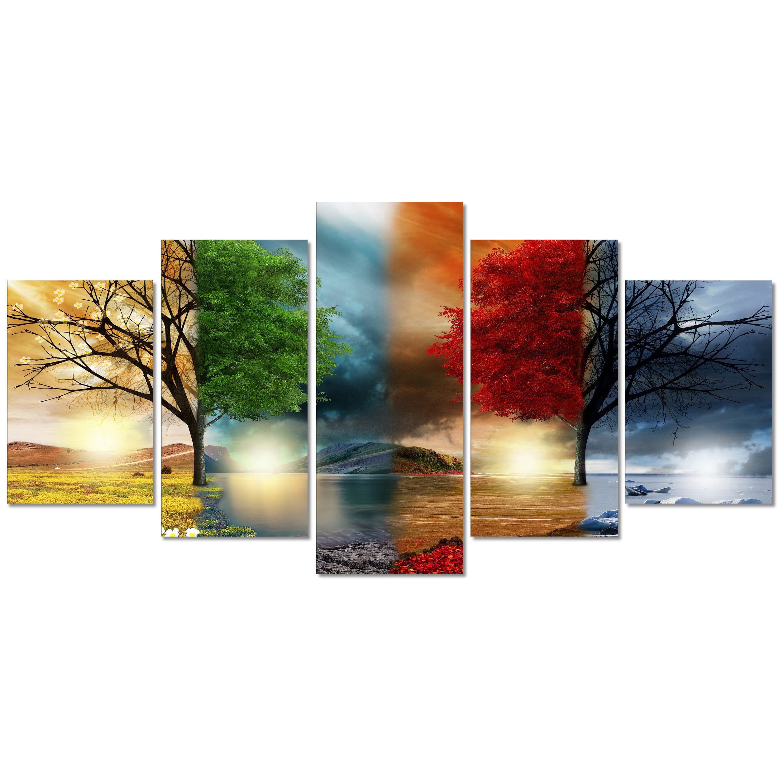 DekoArte - Cuadros Modernos Impresión Imagen Artística | 5 Piezas 200x100cm | Lienzo Decorativo Para Salón o Dormitorio | Estilo Paisaje Cuatro Estaciones del año Árboles Rojo XXL