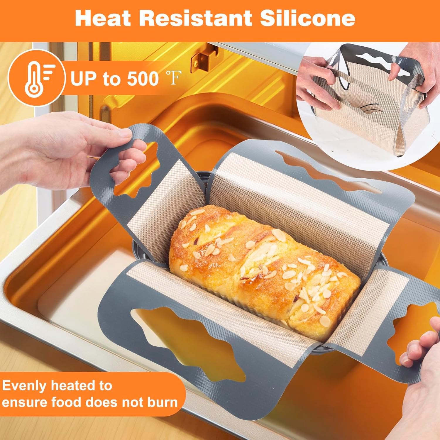 2 Pcs Silicone Bread Loaf Pan Liners, Reusable Food-Grade Silicone Bread Baking Mat, Non-Stick & Heat Resistant Loaf Pan Lifters, Sourdough Sling with 4 Handles, Fits 9x5" or 1.5Lb Loaf Pans