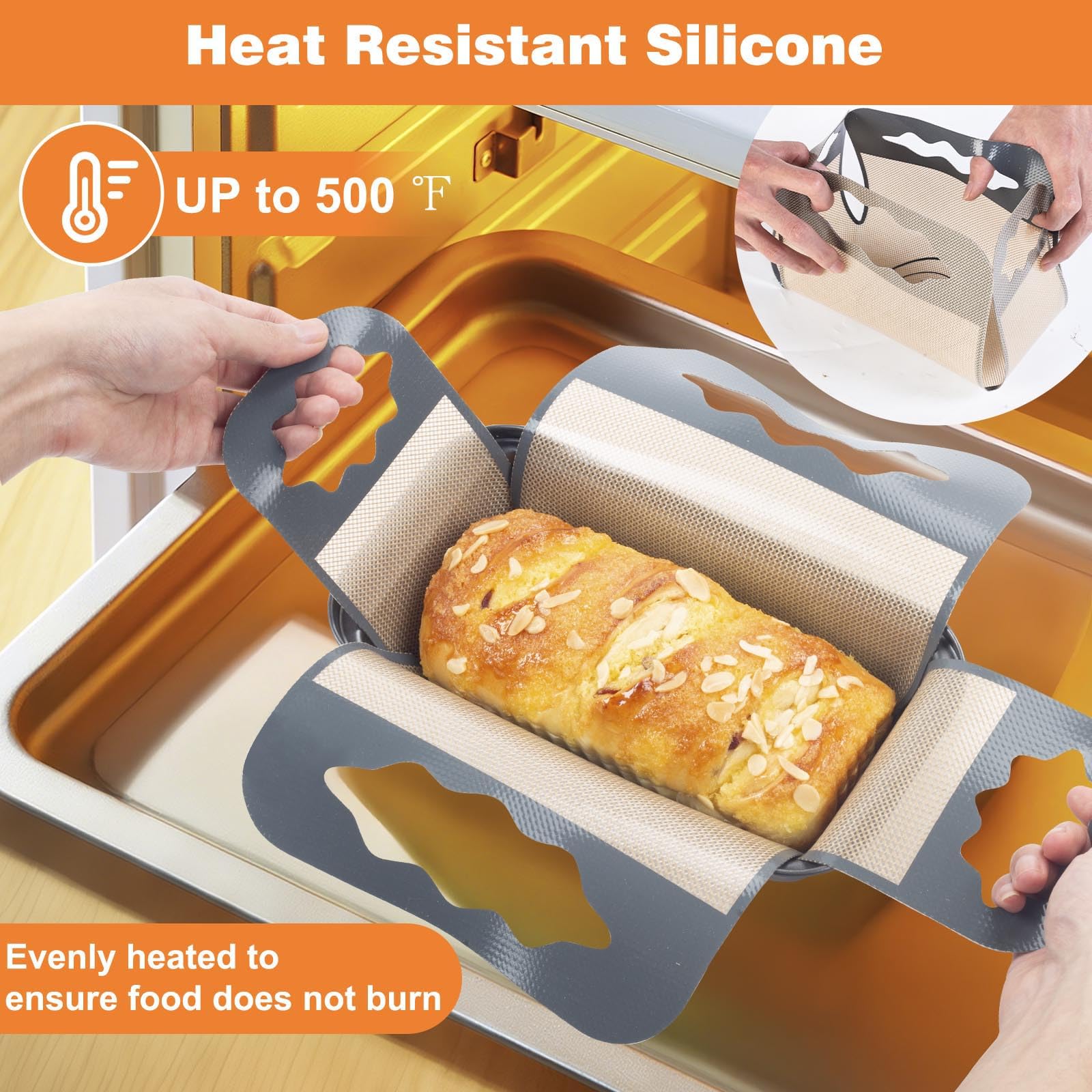Paquete de 2 forros de silicona para pan, tapete reutilizable de silicona de grado alimenticio, elevadores antiadherentes, herramienta de transferencia de masa con 4 asas, para moldes de pan de 9 x 5