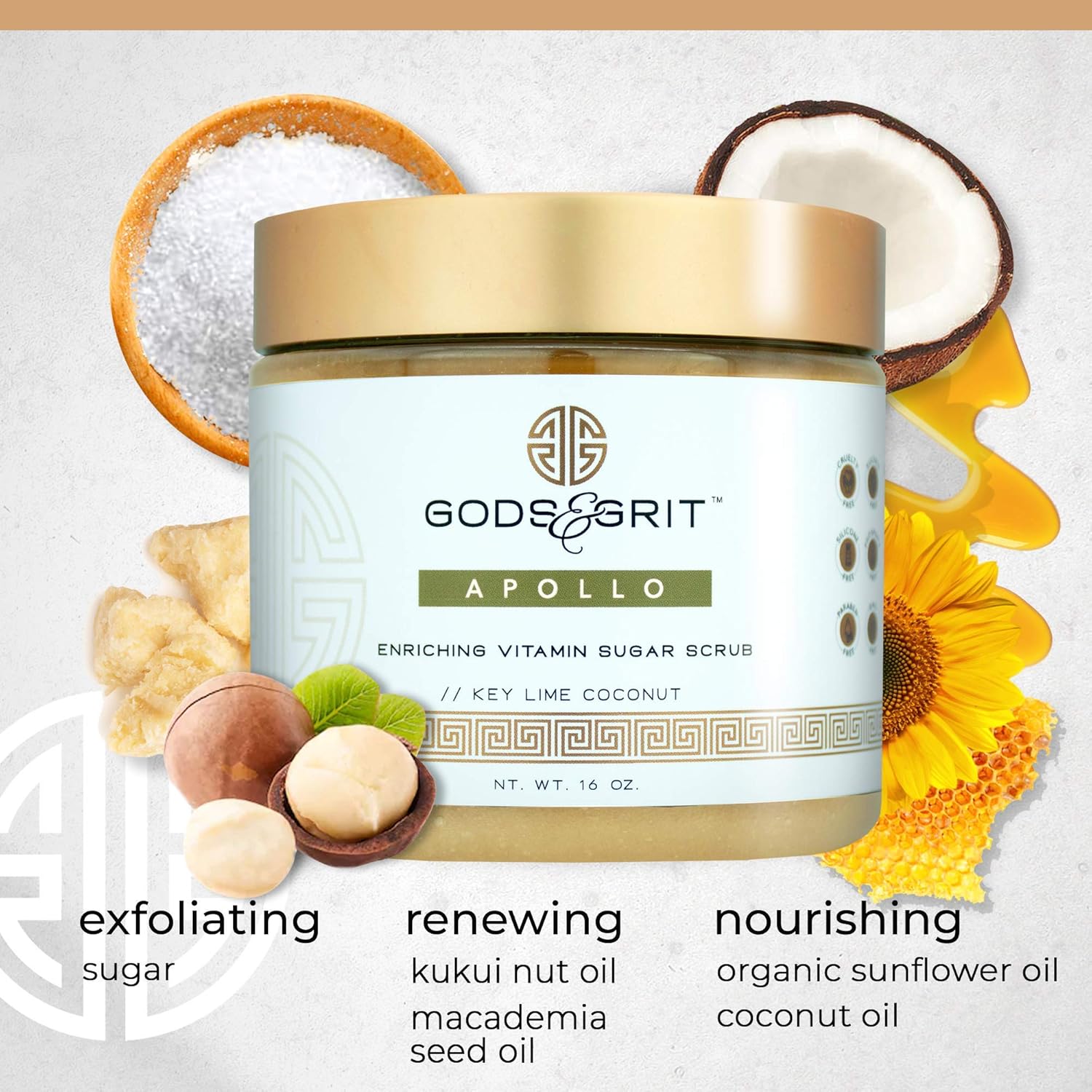 Gods & Grit Apollo Anti Aging Exfoliating Body Scrub | Ultra Hydrating Key Lime Coconut Body Scrub | Dead Skin Remover Skin Care Body Scrubs for Men & Women Exfoliation (16 oz)