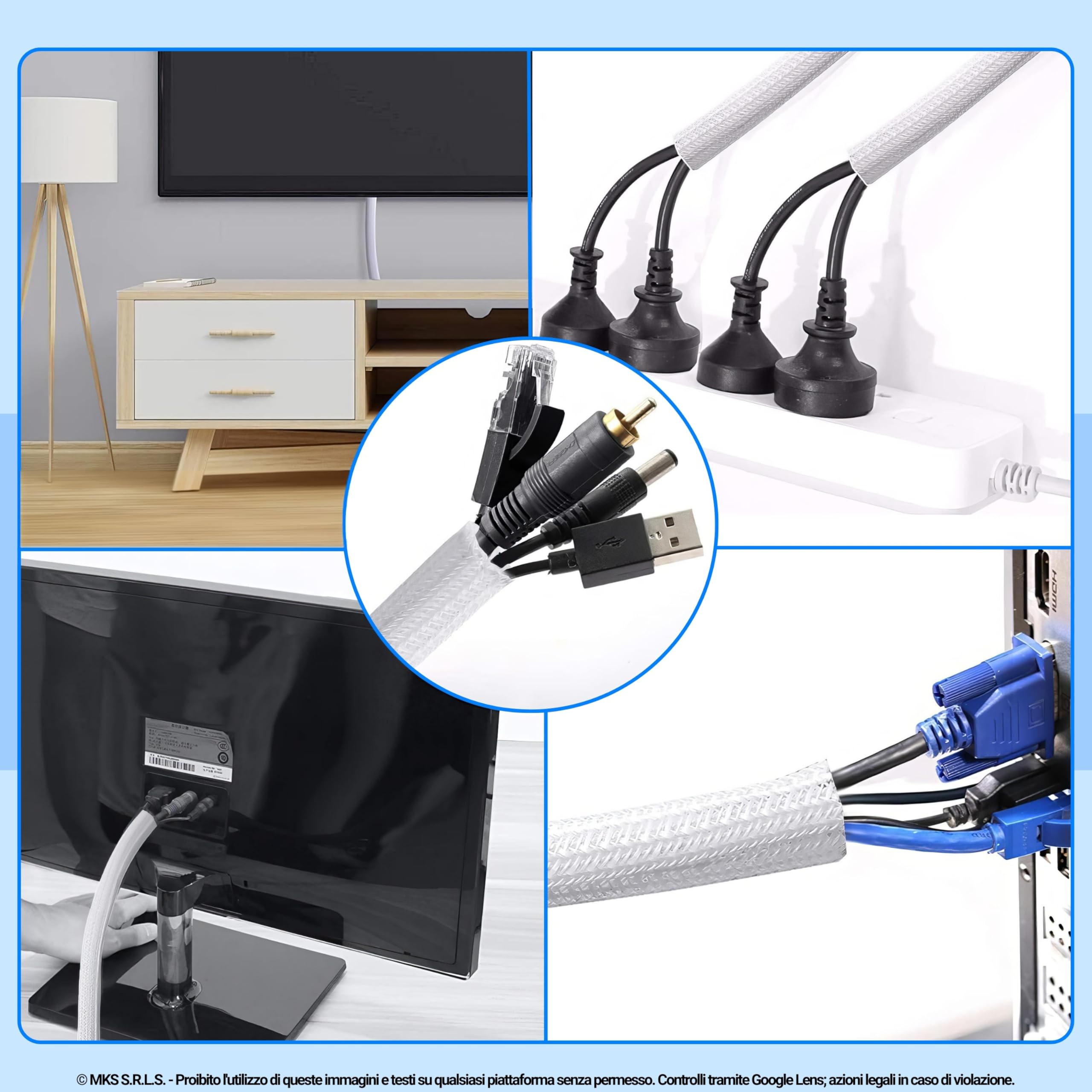 Guaina Cavi SELF-CLOSING Ø 6mm, L 8mt • Raccogli e Nascondi Cavi • Ideale per Scrivania e TV • BIANCO