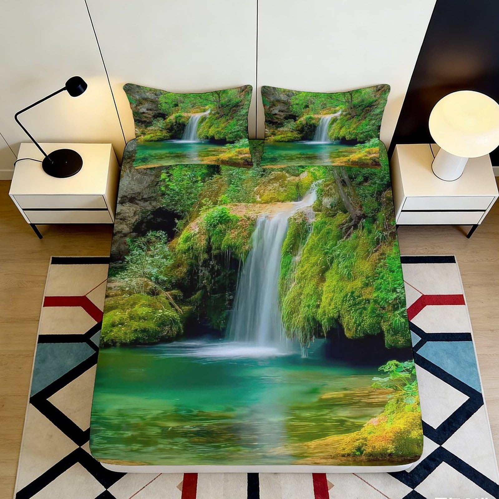 3D Printed Waterfall Forest Fitted Sheet Microfiber Soft Mattress Cover Scenic Lake Bedroom Decor 90x200x25cm