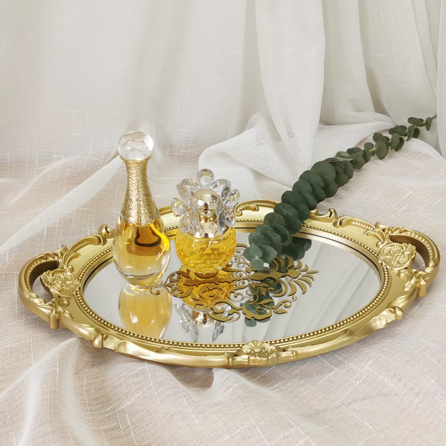 Yamfurga Oval Printed Decorative Mirror Tray, French Style, Mirror, Makeup Organizer, Jewelry Organizer, Serving Tray, 9.8