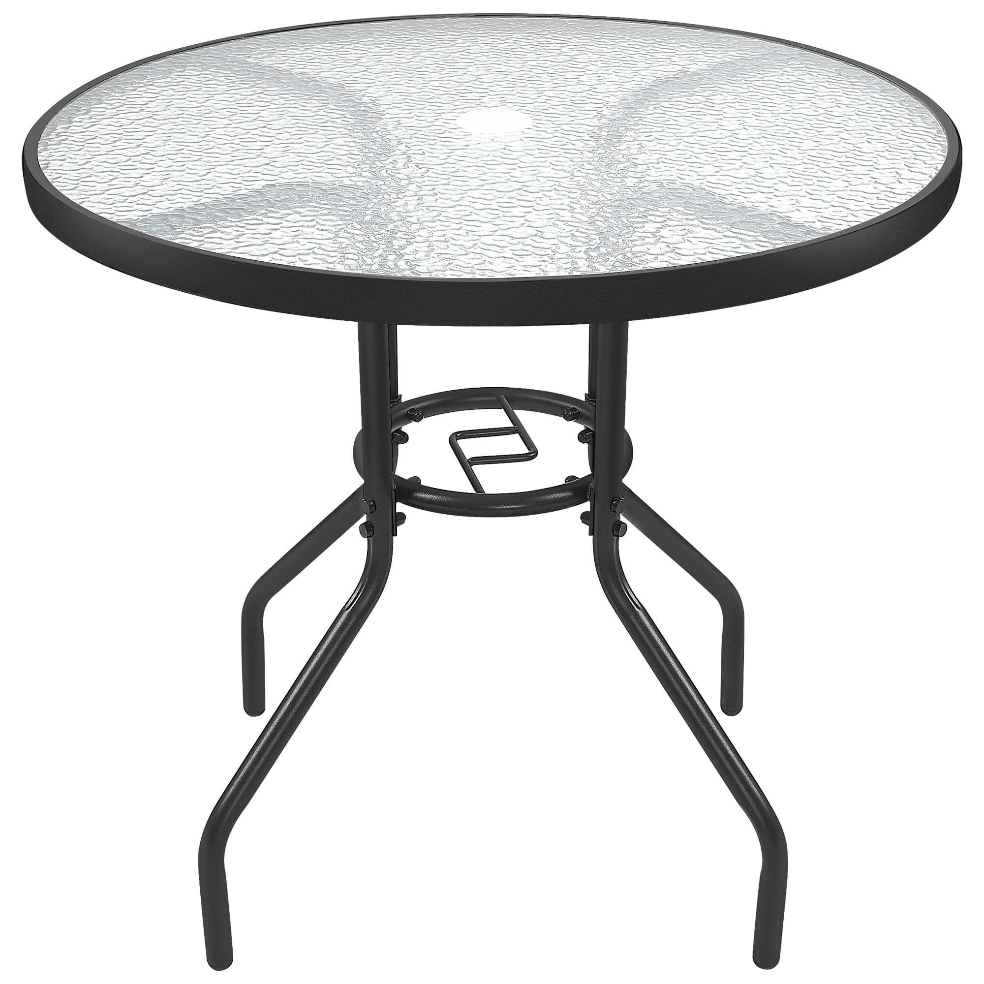Yaheetech Dining Table Tempered Glass Top Garden Table w/Parasol Hole, Outdoor Round Bistro Table Patio Coffee Table w/Metal Frame, Heavy Duty Garden Furniture Weather Resistant