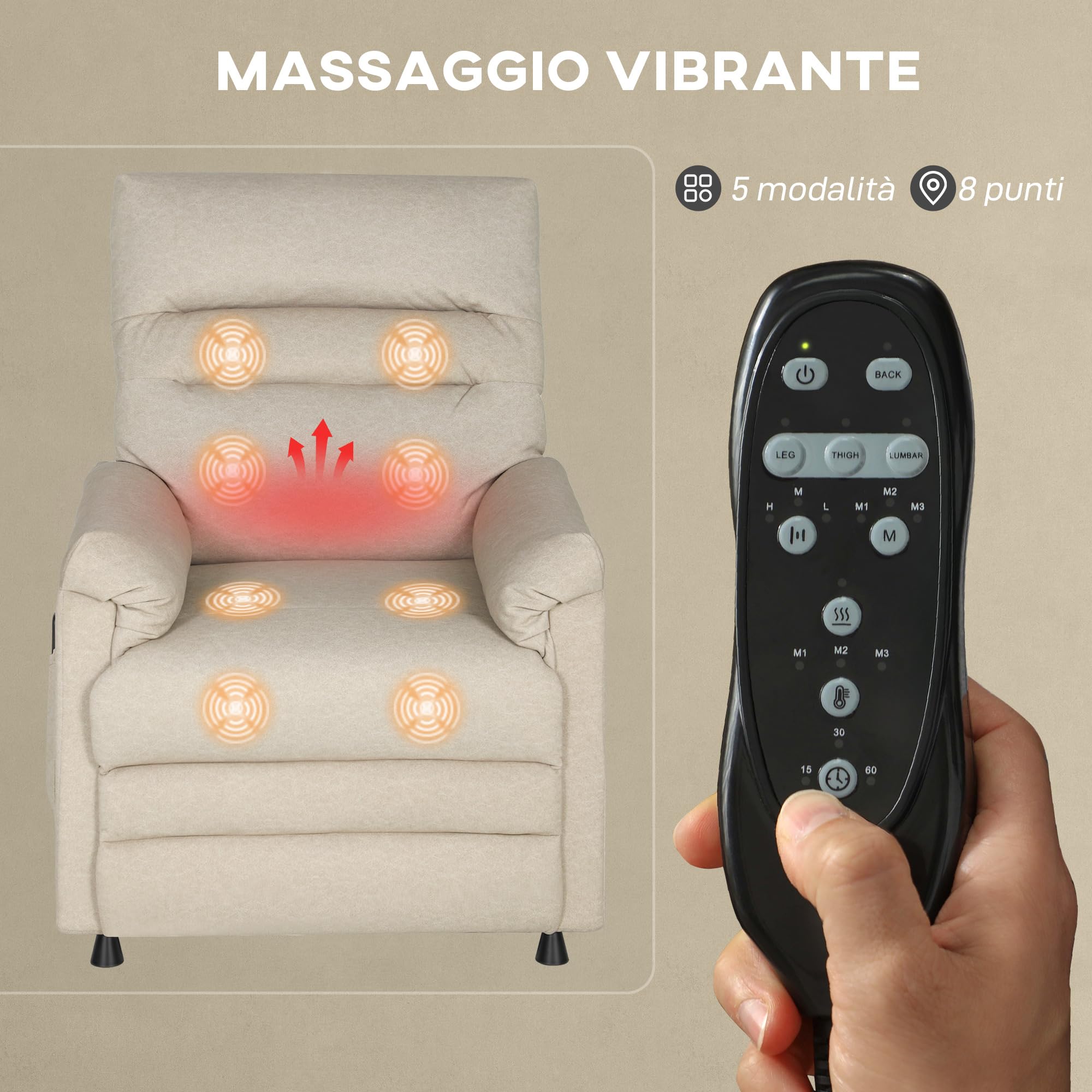 HOMCOM Poltrona Relax Elettrica Massaggiante e Riscaldante con Poggiapiedi, Silenziosa, Poltrona Reclinabile 150° in Velluto Pet Friendly con Funzione Memory, 2 Telecomandi e USB, Beige