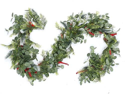 Guirnalda de Navidad con bayas rojas de DALLIWOW de 6.3 pies, guirnaldas de cedro de Navidad artificiales de pino para interiores y exteriores,