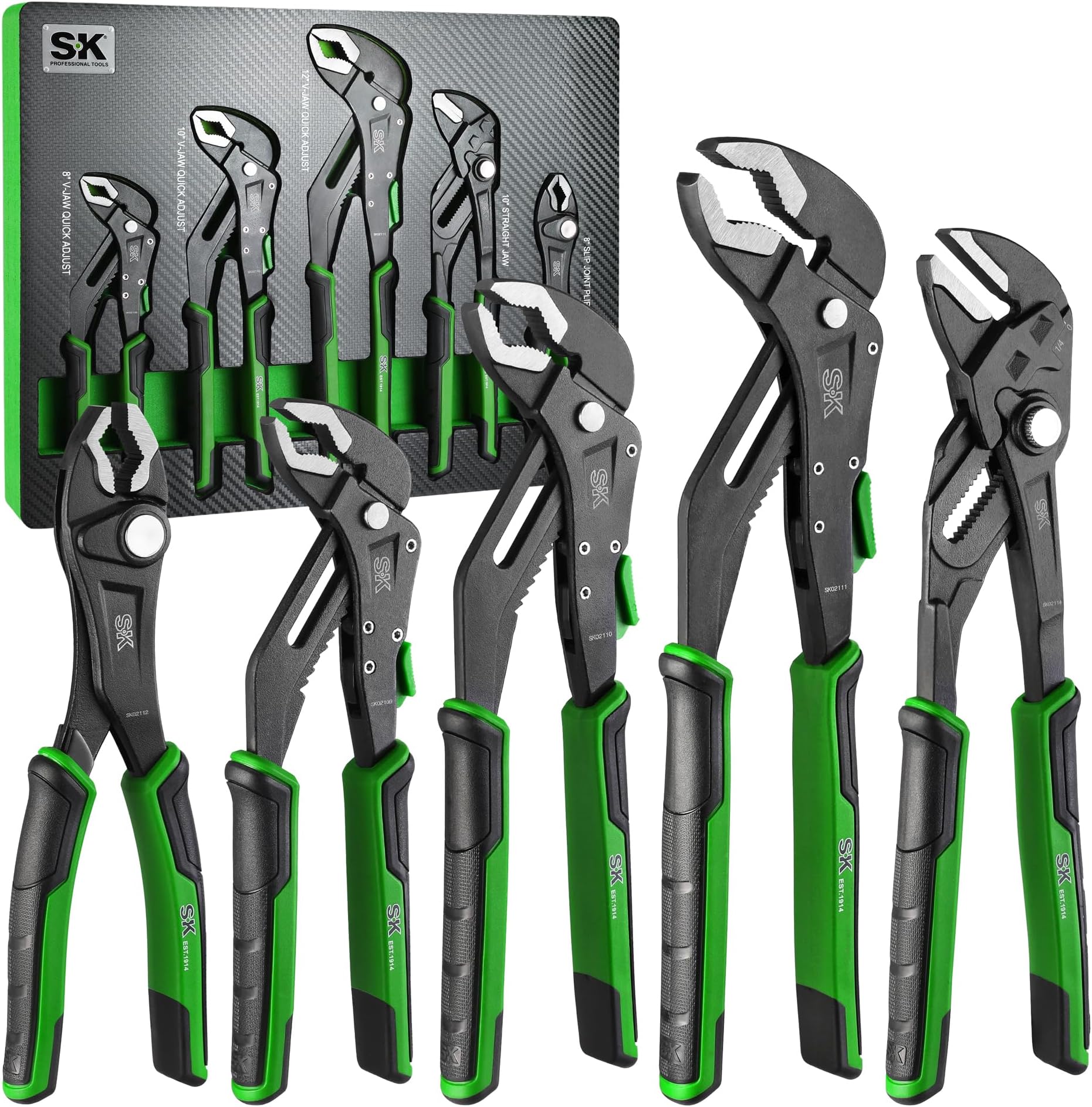 SK 5-Piece Pliers Set, 8" Adjustable Joint, 8", 10" and 12" Quick Adjust V-Jaw Groove Joint, 10" Pliers Wrench, Premium CR-V Construction, with EVA Foam Tool Organizer