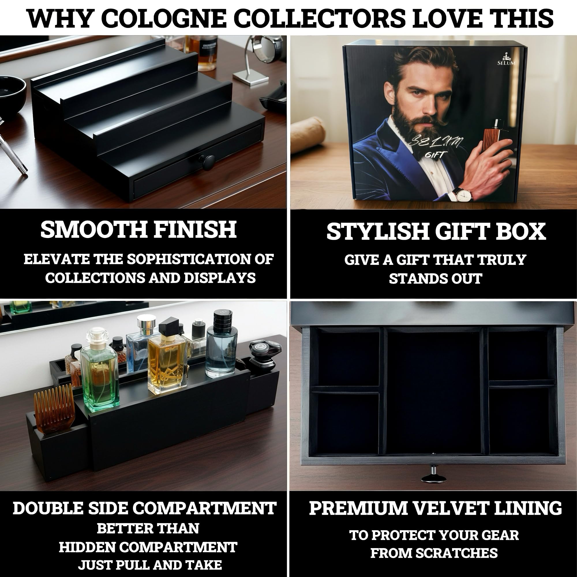 Organizer classico in legno da uomo, a 3 ripiani, con fodera in velluto di alta qualità e elegante confezione regalo, design ordinato, espositore per profumi, idea regalo SELUM