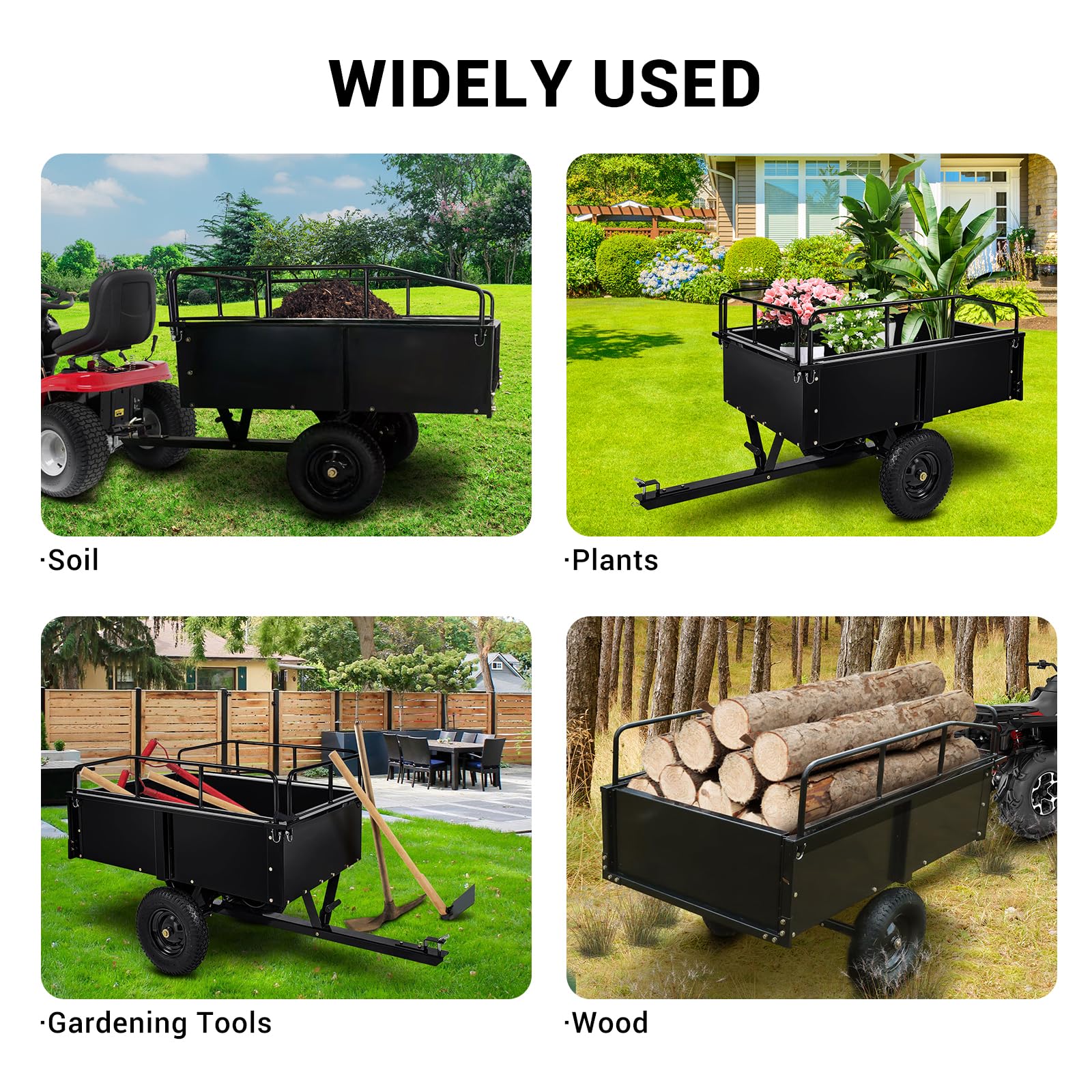 Garvee Remolque Utilidad Robusta 900 LB - Volquete basculante de acero con derrame manual y pedal - Ruedas todoterreno, doble rodamiento, ideal para tractor cortacésped, Quad, granja, madera
