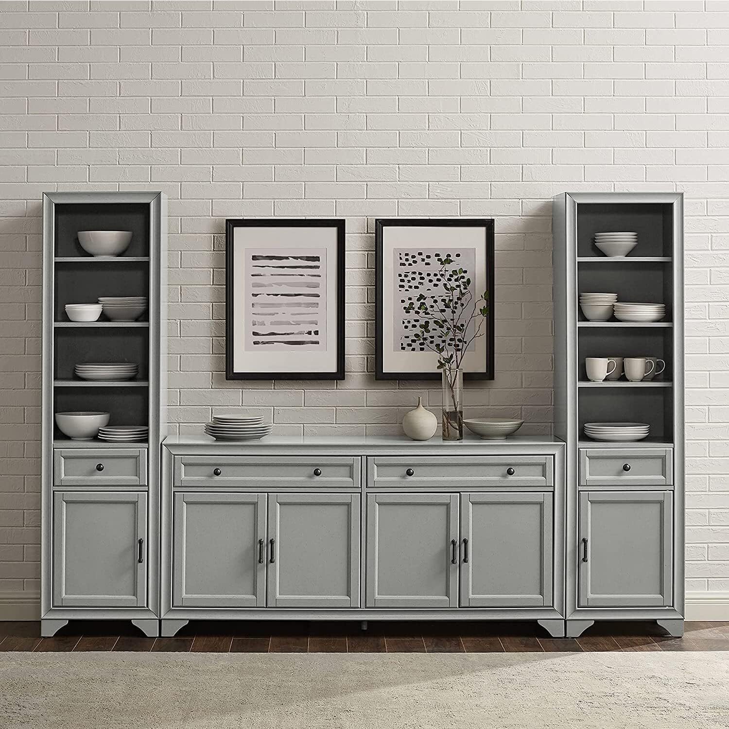 HomeStock Vintage Sideboard & Bookcase Set - Distressed Gray Storage - 3 Piece Modular Home Organization