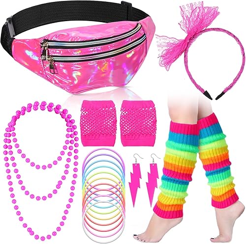 Handepo 19 piezas de accesorios de disfraz de los años 80, riñonera holográfica, calentadores de piernas, diadema de encaje, aretes, guantes,