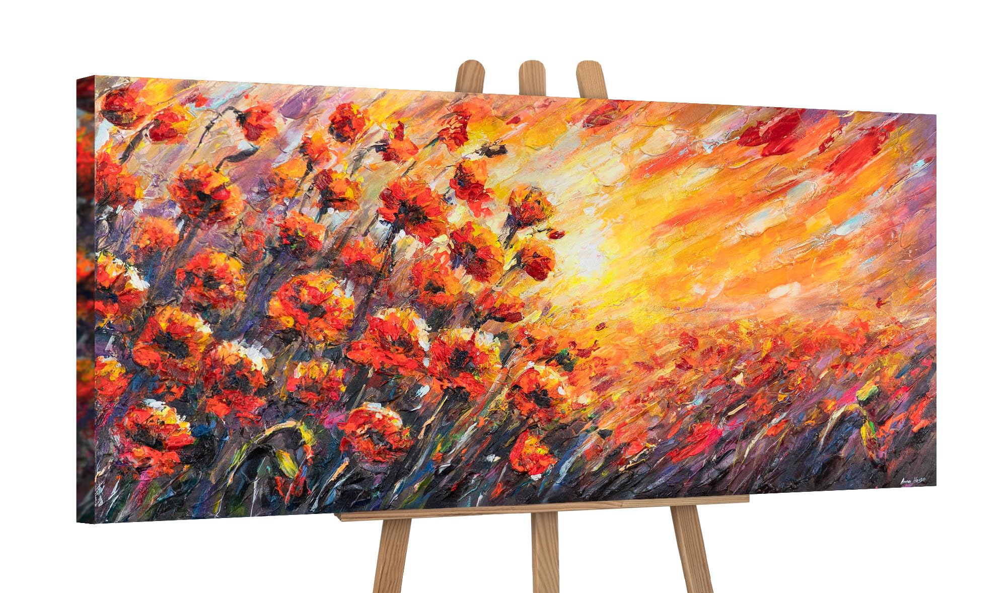 YS-Art Original Handmade Abstract Floral Artwork Red Poppies at Sunset, Classic Hand-painted Wall Decor for Home or Office Interior 45x20 inch