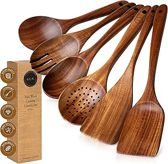 Wooden Spoons for Cooking – 6-Piece Teak Wood Cookware Utensil Set with Smooth Finish – Non-Stick, Comfortable Grip – Durable, Heat Resistant Kitchen Utensils