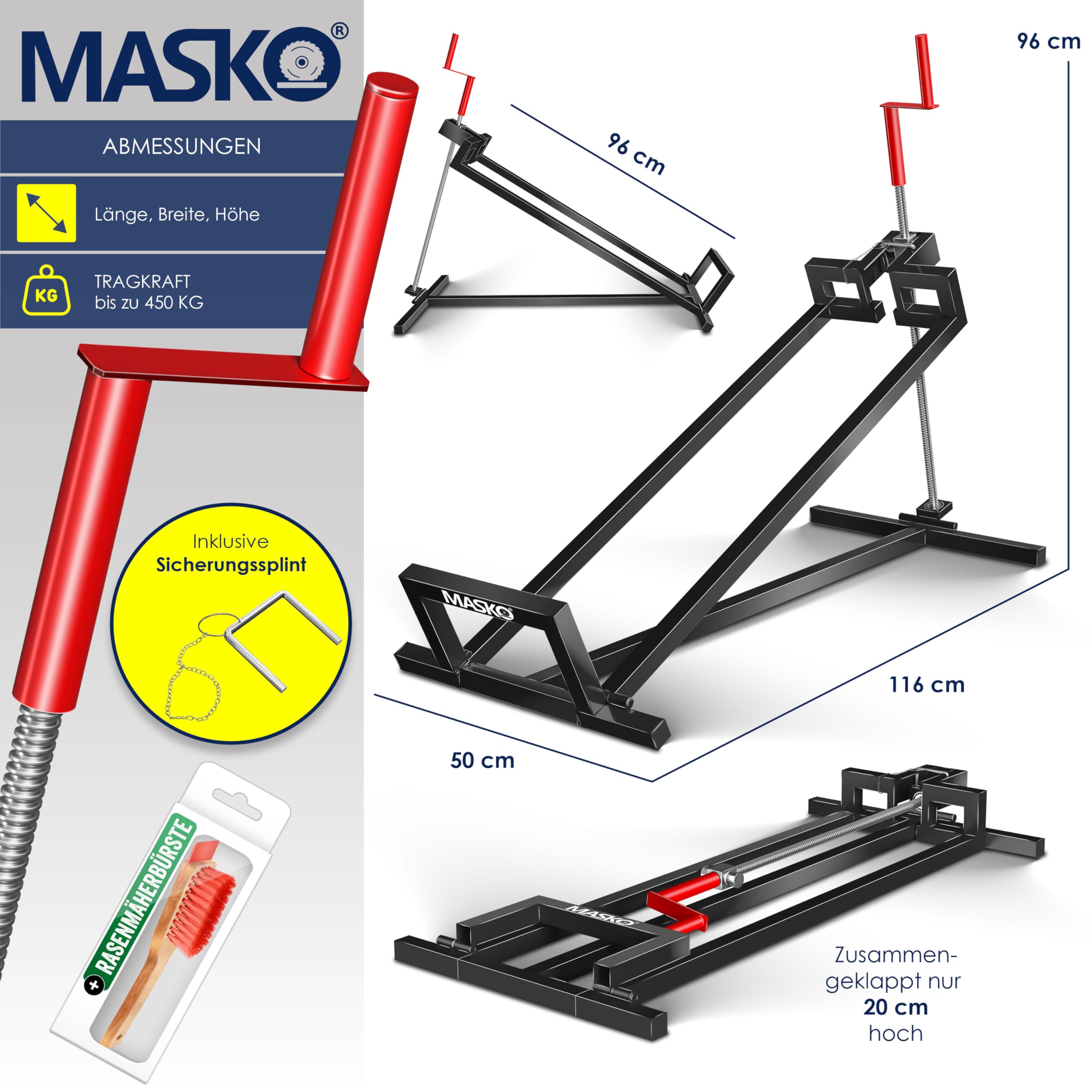 MASKO® XXL Rasentraktorheber 450 kg Hebevorrichtung Hebebühne Aufsitzmäher – Rasentraktor Heber, 45° verstellbar, universal Reinigungshilfe mit Zubehör, Schwarz