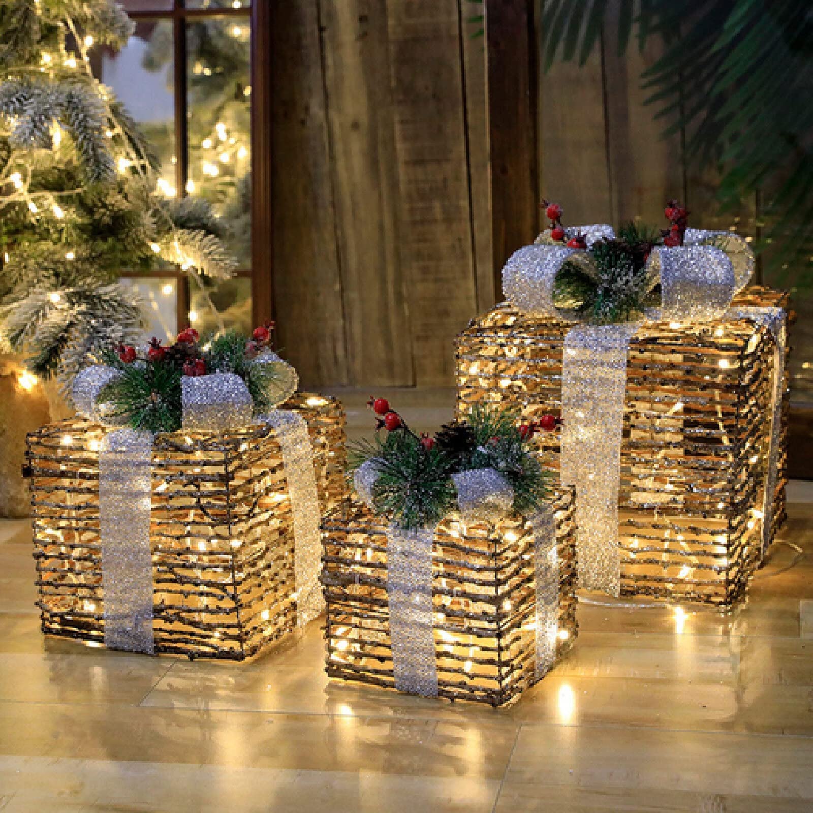 Cajas de regalo para Navidad, Juego de 3 cajas iluminadas con lazos, arte del hierro LED, decoración iluminada de ratán, cajas iluminadas for regalos al aire libre for decoraciones navideñas en el hog