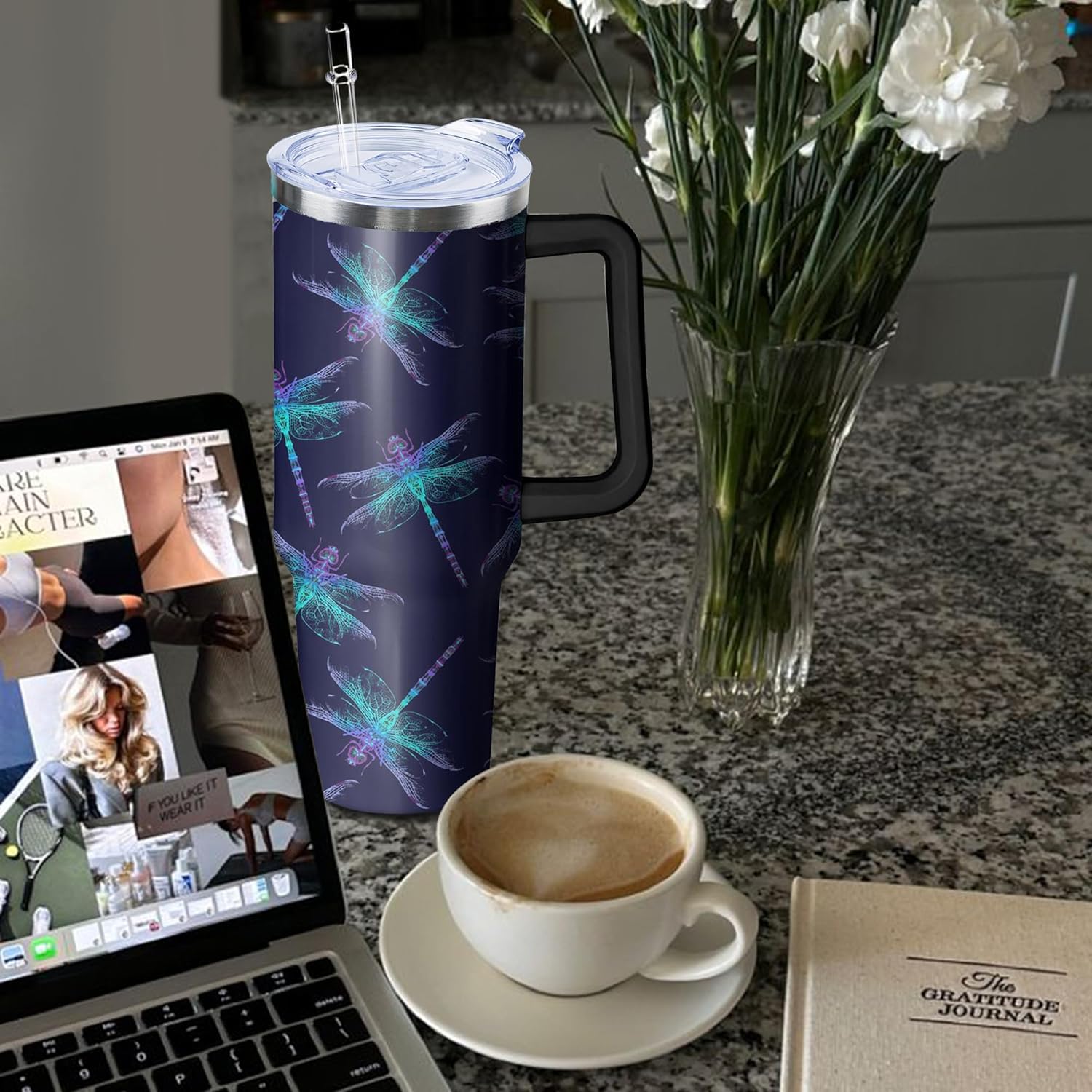 40oz Dragonfly Stainless Steel Tumbler with Handle and Straw, Insulated Cup Travel Coffee Mug Water Bottle with Lid and Straw, Animal Lovers Women Gifts - Image 5