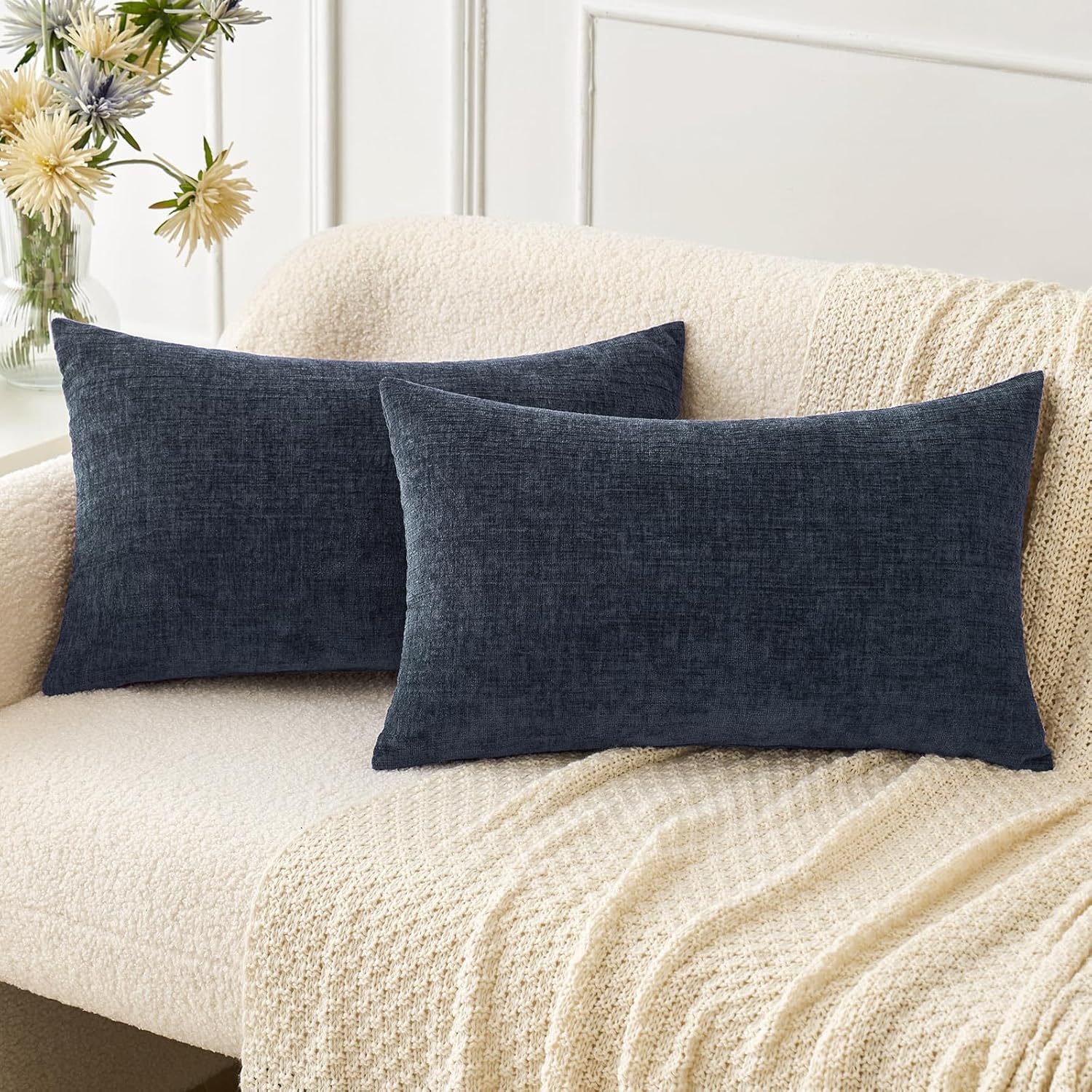 MIULEE Pack of 2 Couch Throw Pillow Covers 12x20 Inch Soft Navy Blue Chenille Pillow
