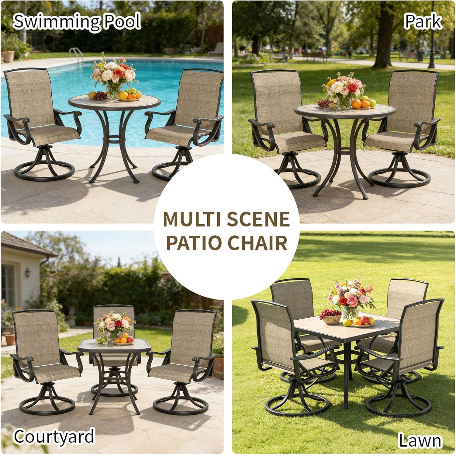 Patio Swivel Chair Set of 4, High Back Textilene Patio Chairs, Swivel Dining Chairs for Outdoor – 360° Swivel Rocker Chair, All-Weather Metal Frame for Porch, Garden, Deck, Poolside (Brown-1, 4PC)