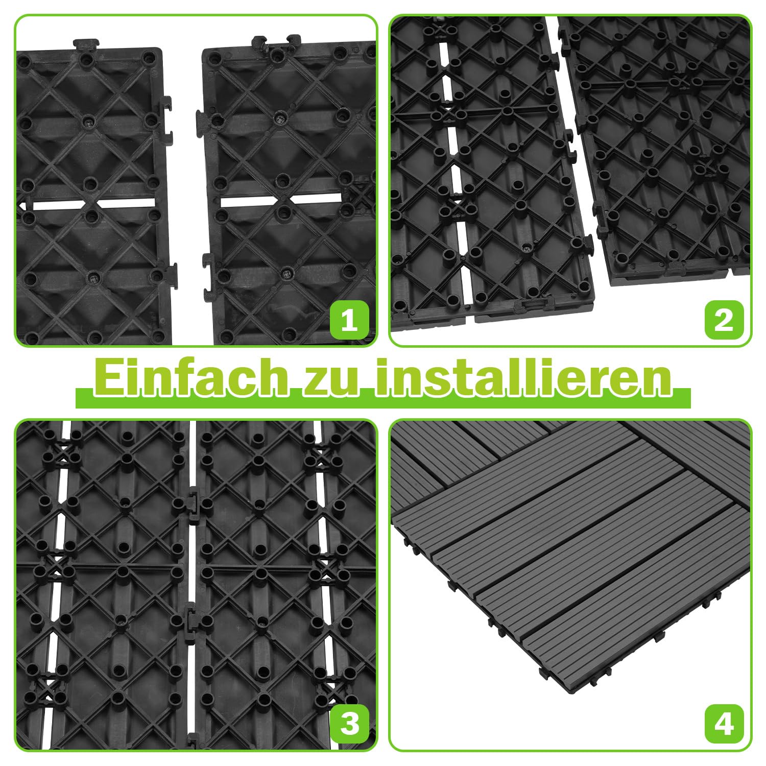 Dalles en bois composite 30x30 cm, 33 pièces de dalles à clipser pour balcon pour 3 m², dalles en bois composite pour terrasse avec système de clic, revêtement de sol pour balcon résistant aux