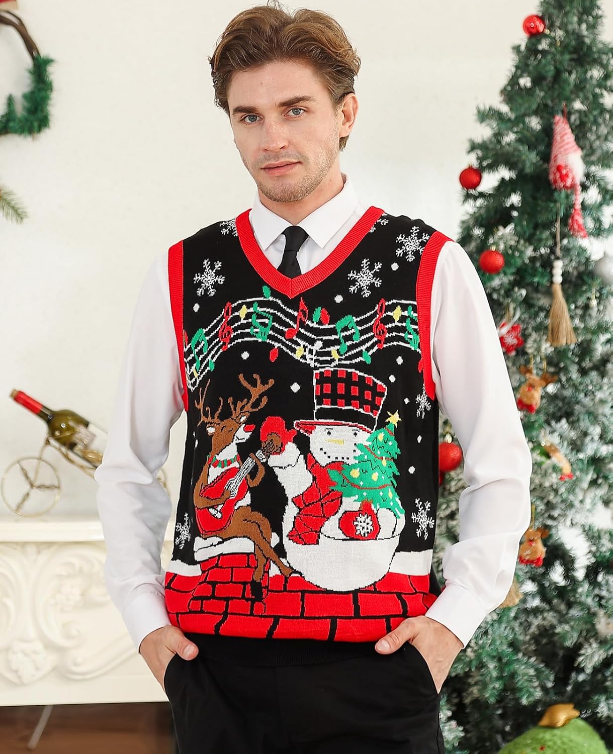 RAISEVERN Ugly Christmas Sweater Vest Mens Funny Knitted V-Neck Jumper Holiday - Image 2