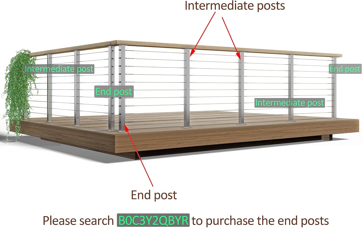 2 Pack 36” Cable Railing Level Intermediate Post 36”x2×2", Level Drilled for 1/8" Cable,Stainless Steel Deck Railing Hardware Post(Intermediate Post)