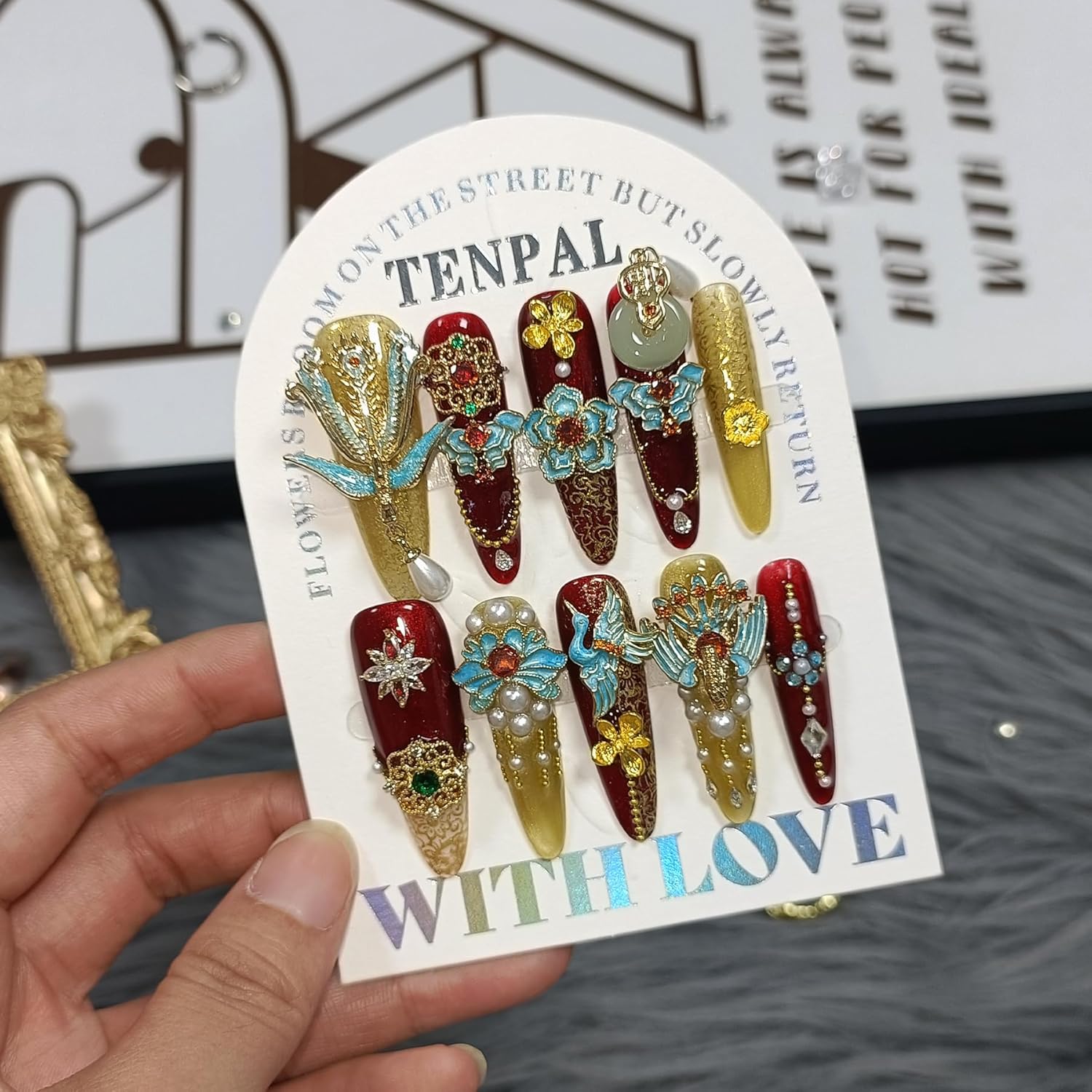10Pcs Heirloom Chinese Bridal Press On Nails With Tools,Red Gold Phoenix Dragon Designs Fake Nails Long Stiletto,Full Crystals Heavy Relief Luxury Wedding Set Glue on Nails for Cheongsam(XS)