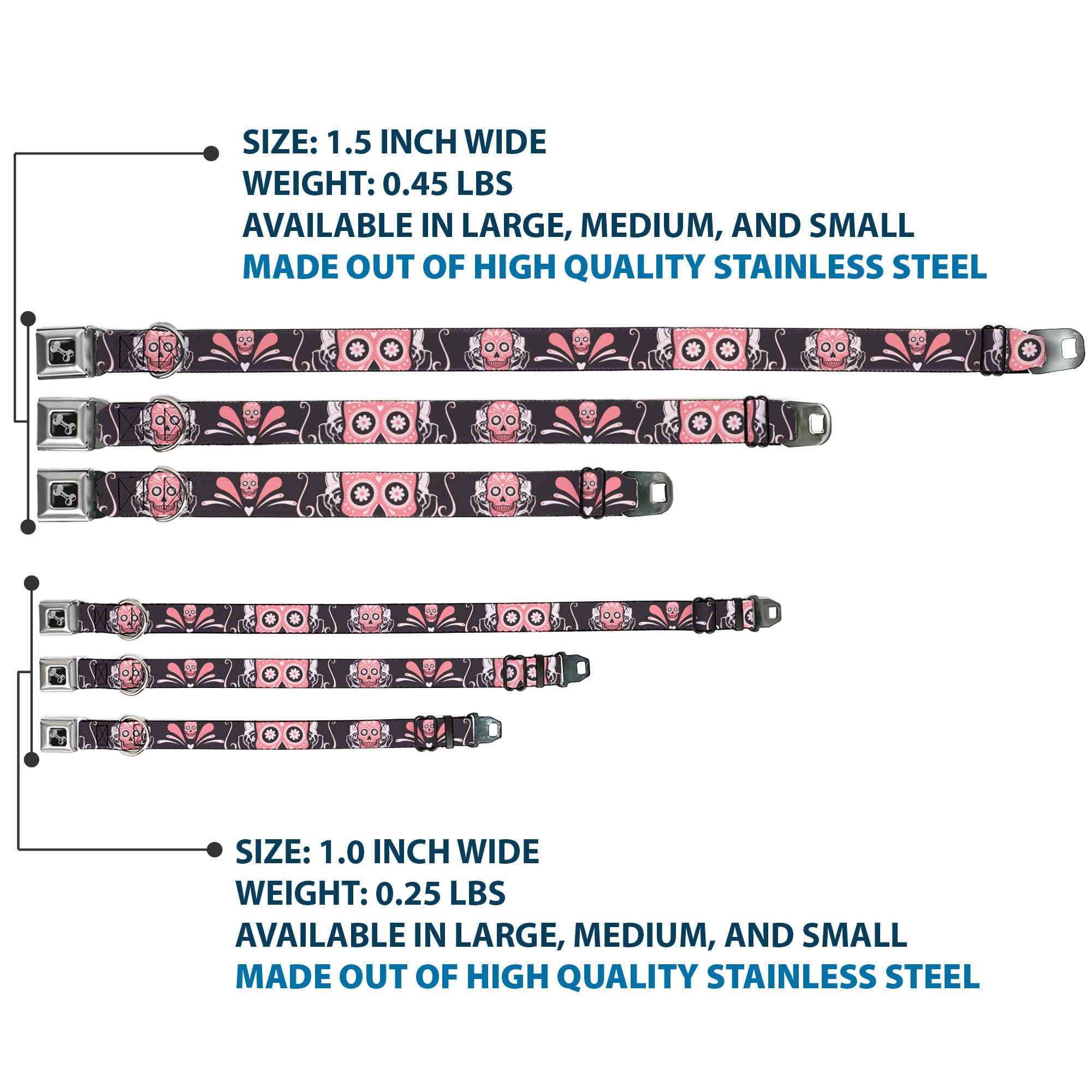 Buckle-Down Obroża dla psa z klamrą pasa bezpieczeństwa - cukrowe czaszki szaro-różowe - szerokość 3,8 cm - pasuje na szyję 33-45 cm - S