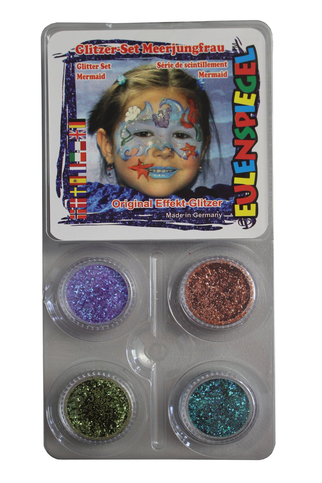 Eulenspiegel 908044 - Glitter Motiv-Set Meerjungfrau, 4 x 2 g, Glitzer, Karneval, Halloween, Mottoparty