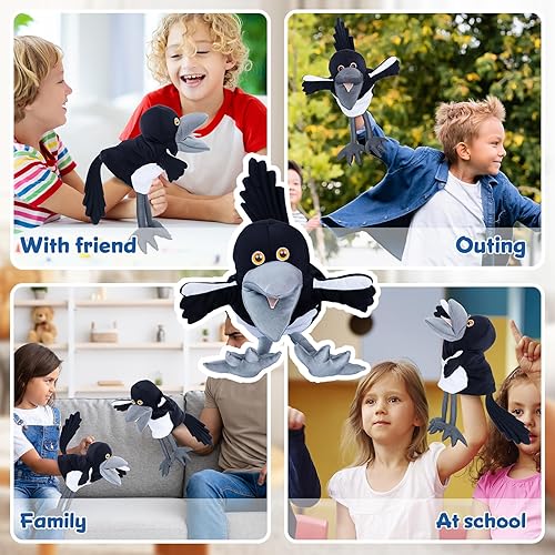 Miniatura 4 de Steve and Maggie Figura de peluche de pájaro negro, cuervo de peluche, títeres de mano para niños, comodidad para cumpleaños (pequeño)