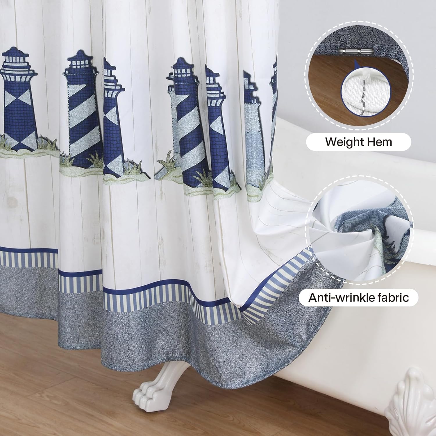 Coastal Lighthouse Shower Curtain, Nautical Bule and White Fabric Ocean Themed Bath Curtains for Bathroom,72" W x 72" H