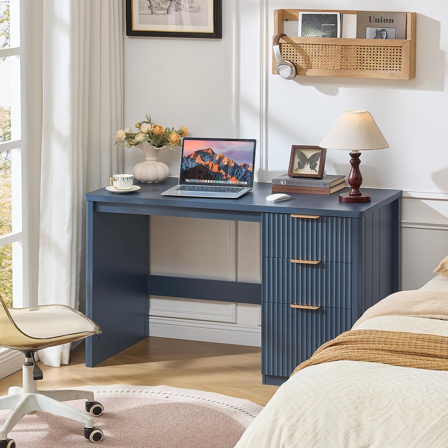 LEYAOYAO Office Desk 48" with 3 Drawers Storage File Cabinet Wood Fluted Desk for Computer Office Bedroom Home Furniture Blue