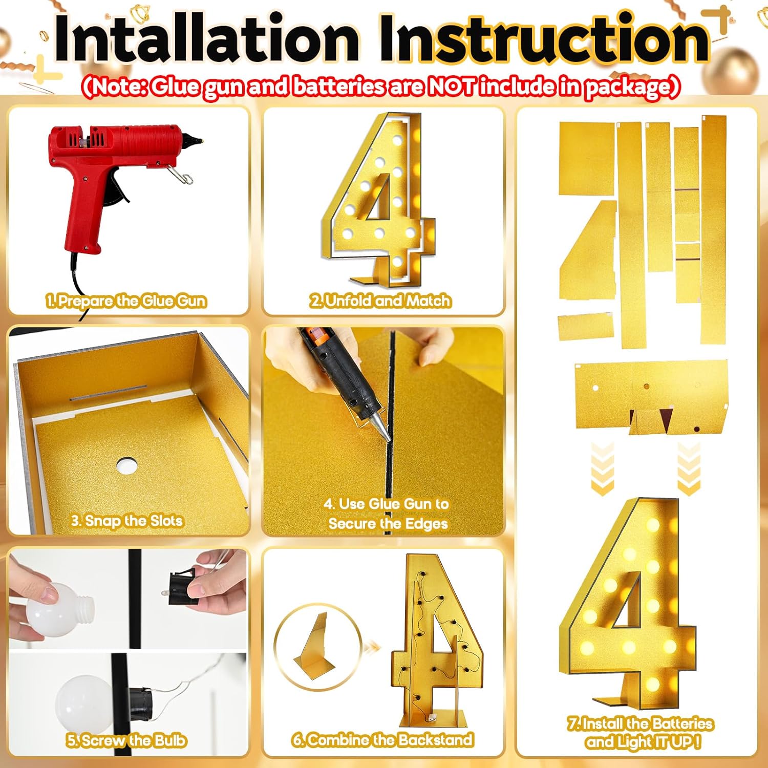 Light Up Number 4, Marquee Light Up Numbers Gold 4FT, Large Led Numbers Lights for 4th Birthday, 4 Feet Tall DIY Frame Pre-Cut Foam Board Kit for Night Light Party Anniversary Decorations