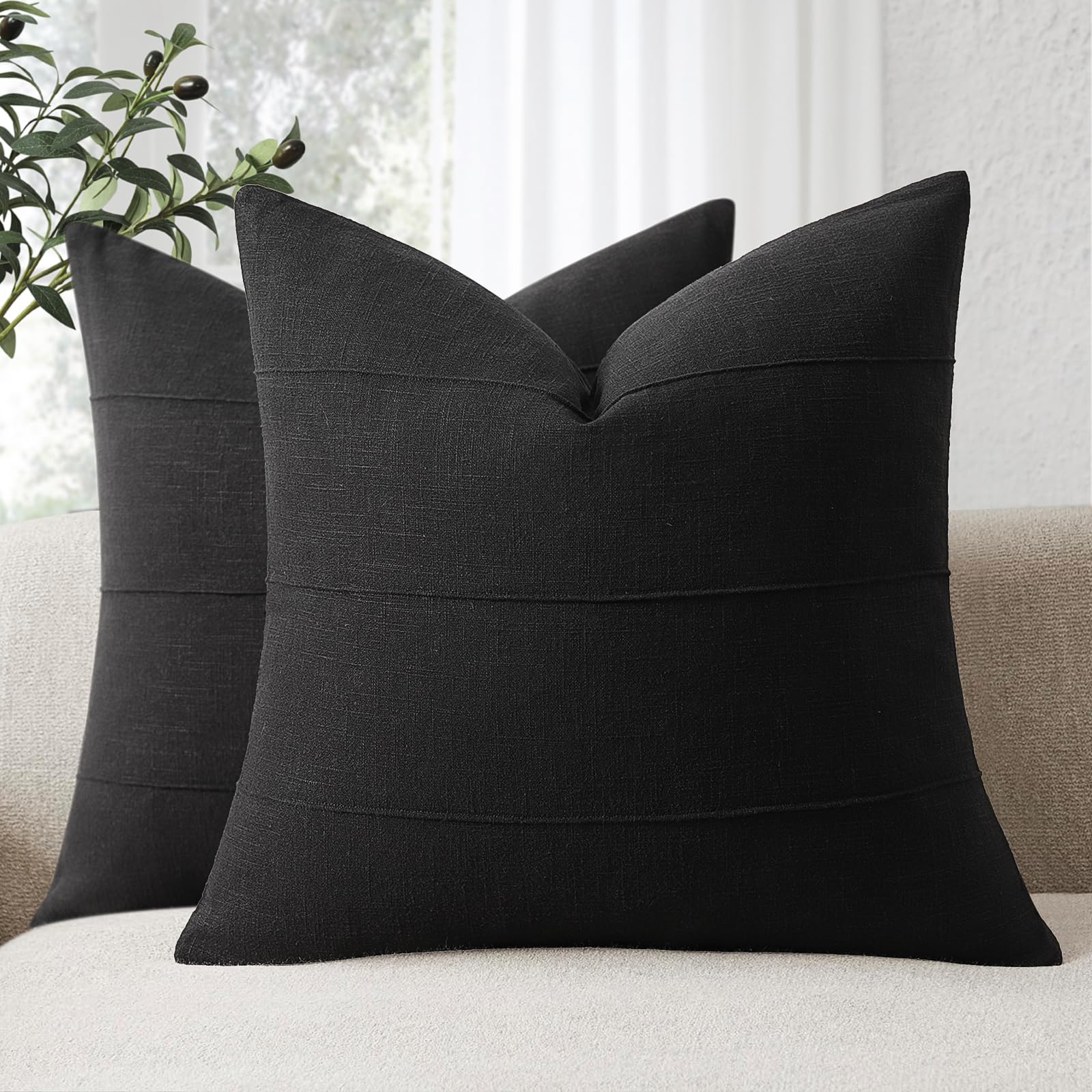ZWJD Decorative Linen Cushion Covers 45x45 Set of 2 Solid Handcrafted Striped Throw Pillow Covers Soft Modern Farmhouse Neutral Cushion Covers for Sofa Bedroom Living Room Home Decor (Black) — image 1