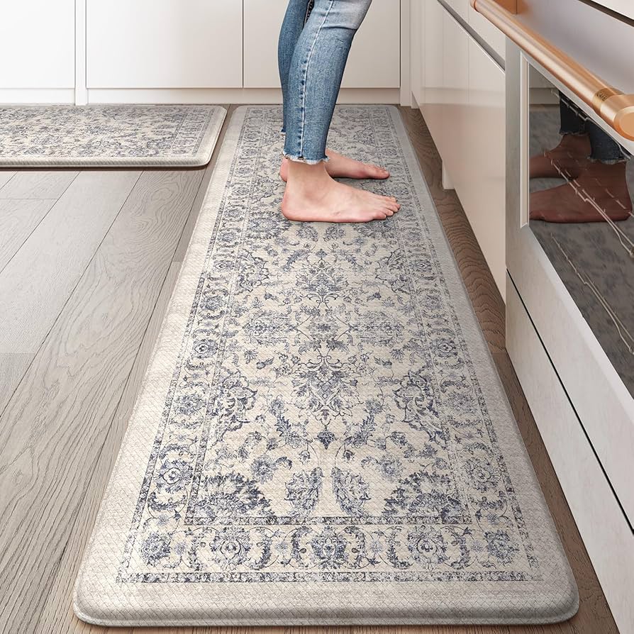 KIMODE Anti Fatigue Kitchen Mats, Floral Distressed Kitchen Rugs Sets of 2, Cushioned Non Skid Kitchen Mats for Floor, Comfort Kitchen Floor Mats for Sink, Laundry, Desk Blue Multi 17"x59"+17"x29"
